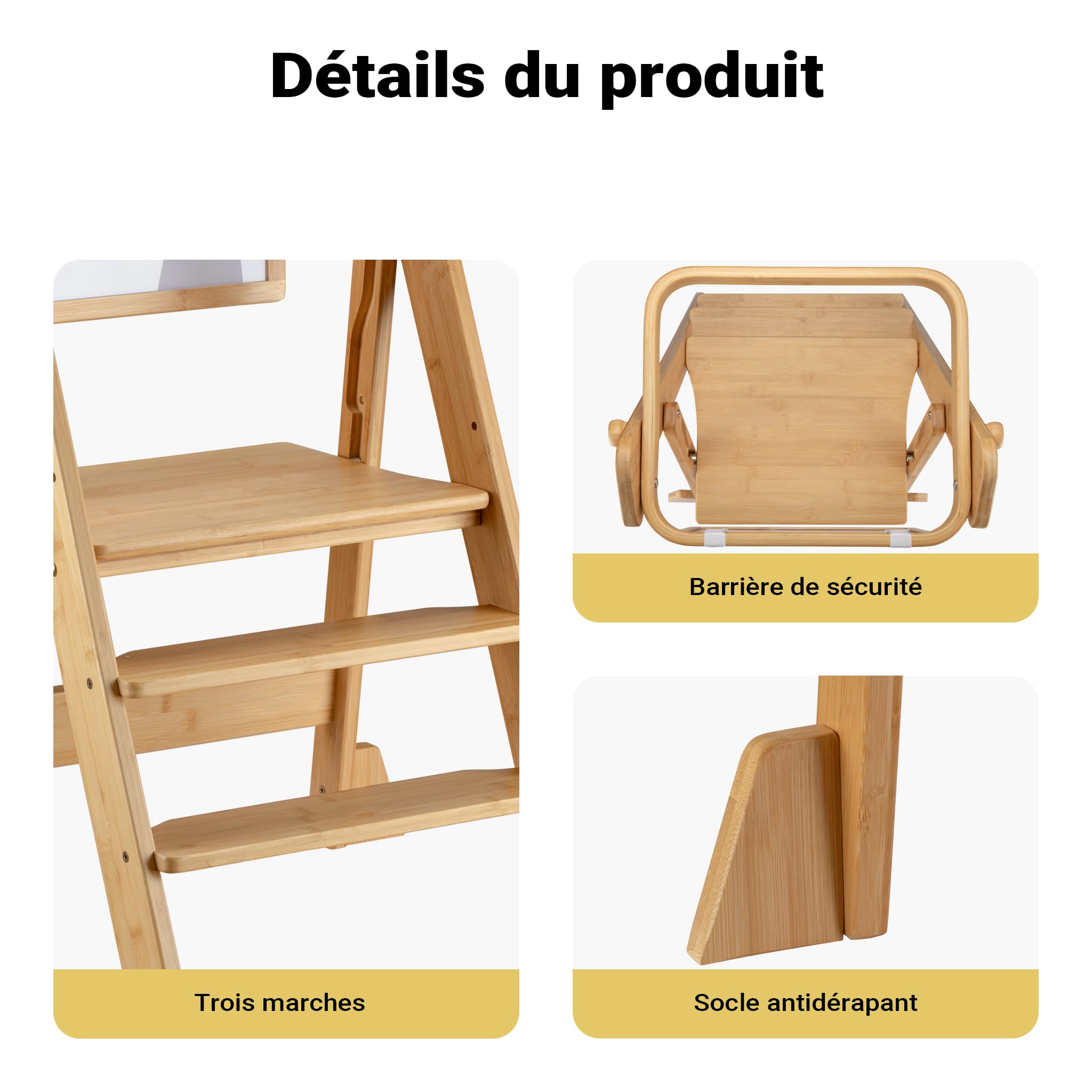 Wiltec Chaise pour Enfant Tour d'apprentissage Pliable 43 x 48 x 91 cm en Bambou, réglable en Hauteur, pour Enfants, Tour Debout avec Garde-Corps
