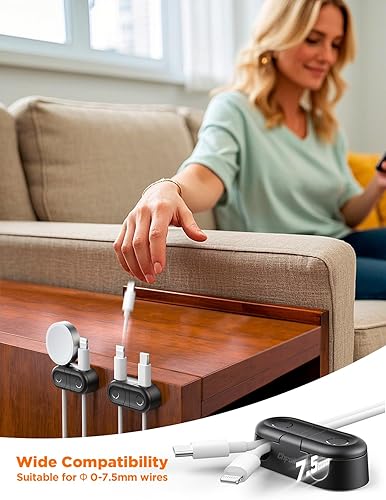 Miniatura 6 de Organizador magnético de cables, paquete de 4 doble ranura rotación de 360 y bloqueo giratorio Clips de gestión de cables, soporte de carga adhesivo