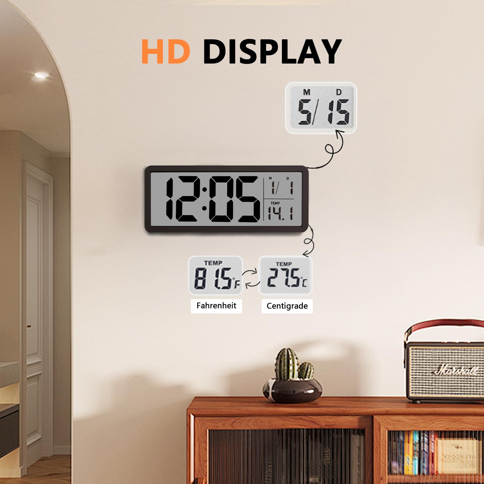 Hojalis Digitale wandklok, atoomklok met achtergrondverlichting, 12