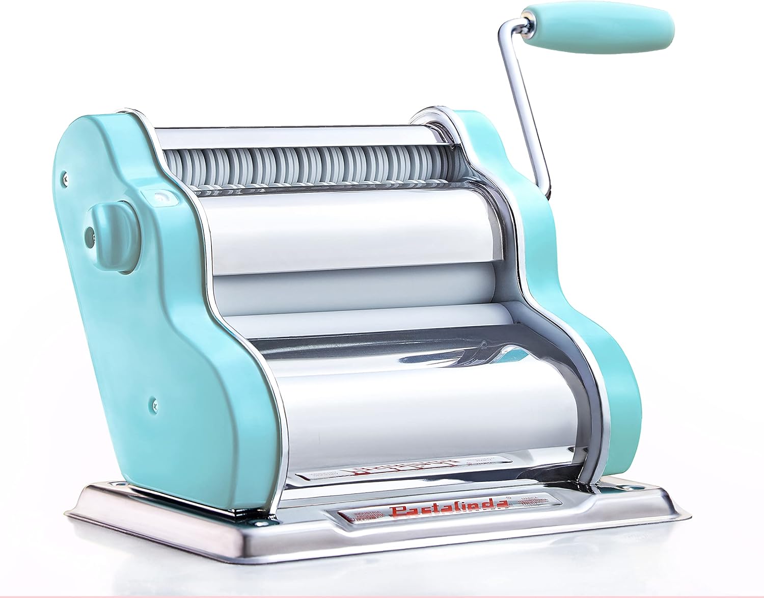 PASTALINDAClassic 200 Pasta Maker Machine, 20 cm Wide Rollers, 9 Thickness Positions, 2 Cutting Positions, Stainless Steel. Includes Reinforced Hand Crank And Two Clamps (Acqua)