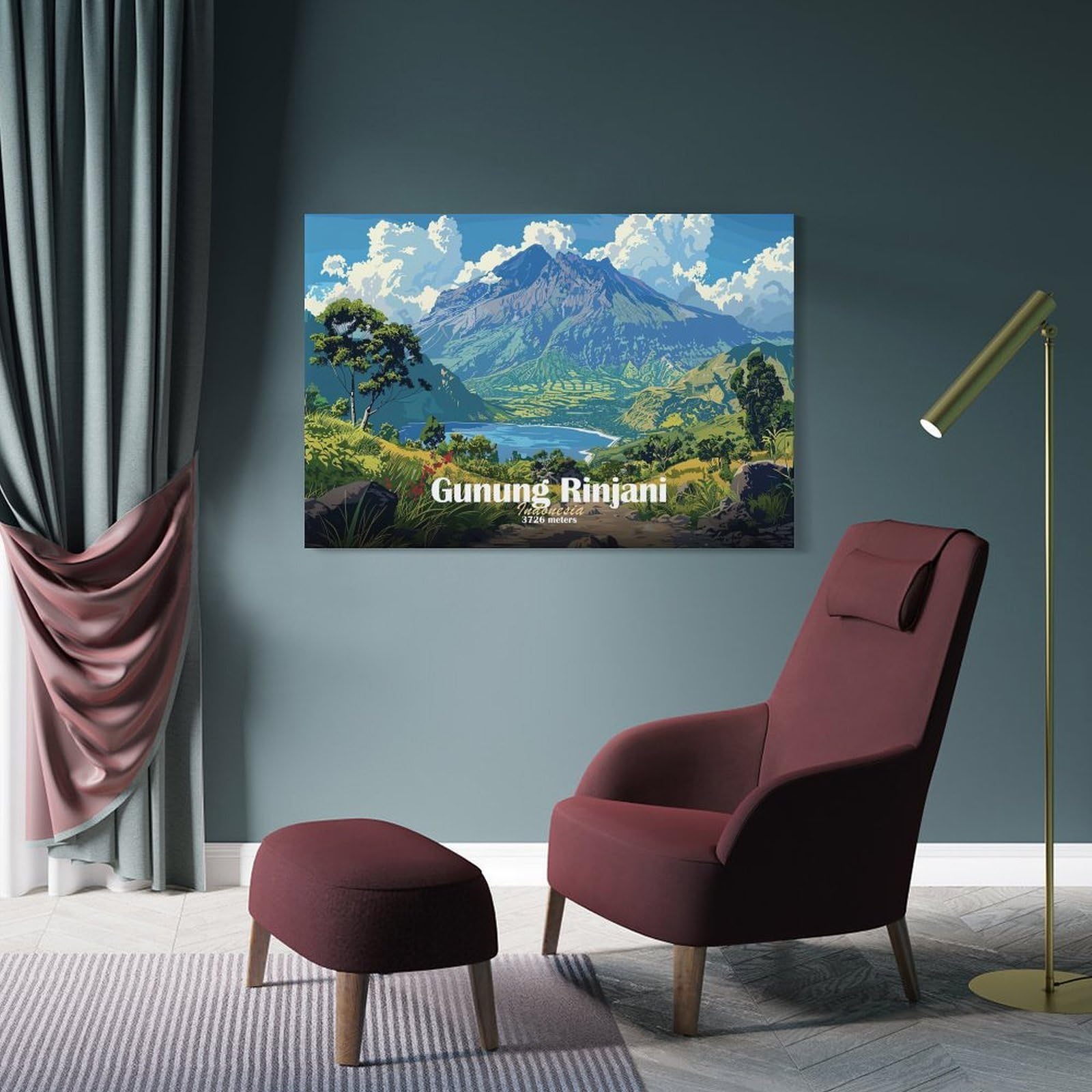Junmoney Gunung Rinjani Mountain Room Decor Wall Art, 20x30inch(50x75cm), for Bedroom, Guest Room Or Reading Nook, Home Artwork with A Soft Interior Feel