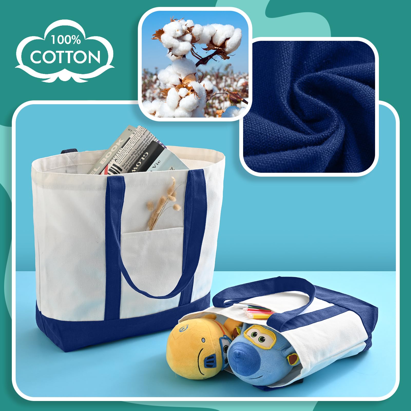 Lot de 10 sacs fourre-tout en toile avec poche extérieure, sacs fourre-tout réutilisables en toile de coton de 340,2 g, 48,3 x 36,8 cm, 33 x 28 cm, sacs fourre-tout en toile pour femme