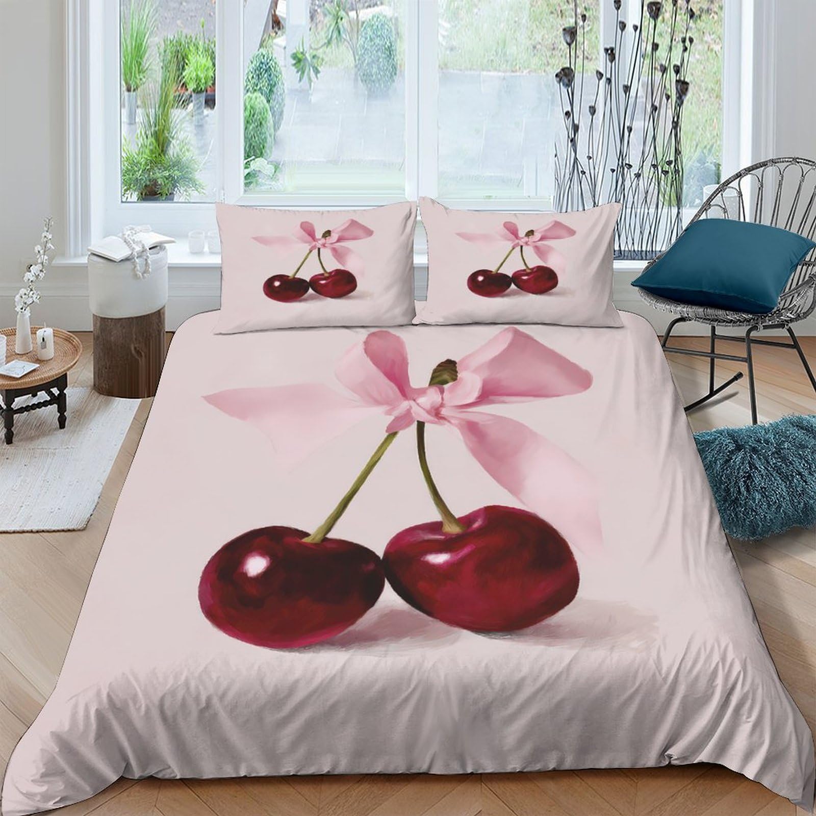 Ctjqhvkz Style-8 3D Printed Cherry Bow Fitted Sheet Microfiber Soft Pink Bed Cover For Bedroom Guest Room Dorm Mattress Decor Single（135X200cm）