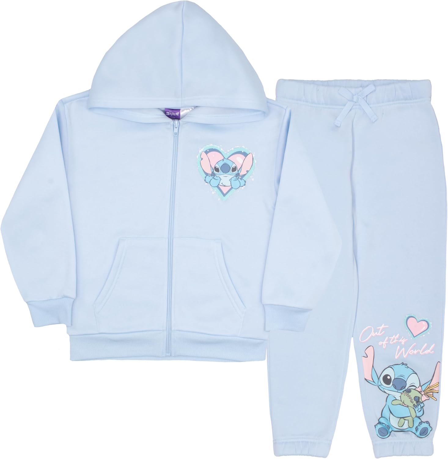 Disney Lilo & Stitch Girl's 2-Piece Fleece Set - Stitch Hooded Sweatshirt and Joggers Bundle for Kids