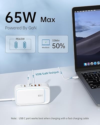 Miniatura 3 de Estación de carga USB para múltiples dispositivos PD 65W Power Strip protección contra sobretensiones 1200J, cable de extensión plano de 5 pies de