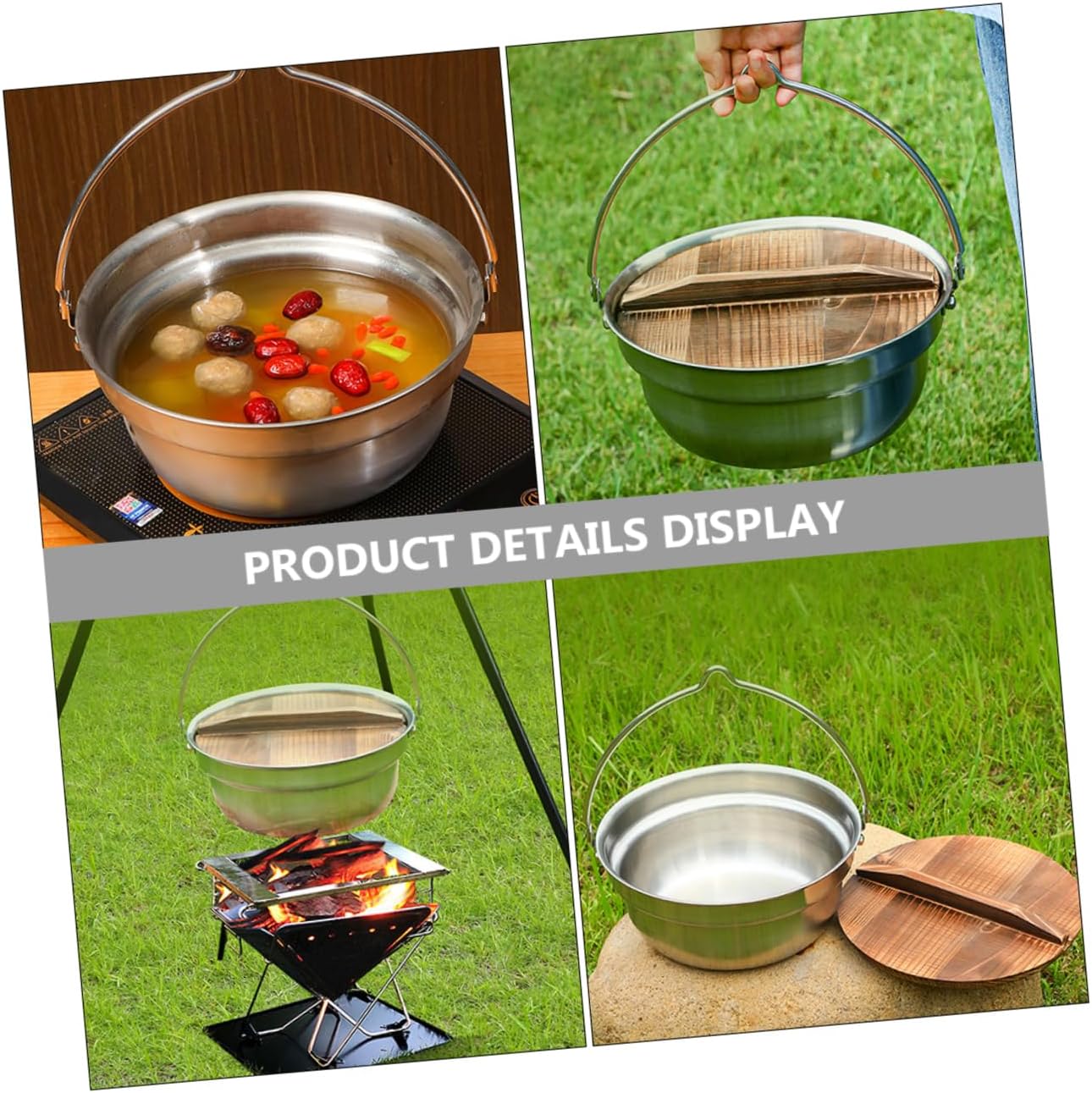 POPETPOP 1set Stainless Steel Hanging Soup Pot Multi-use Outdoor Cooking Pot for Camping Hiking and Picnics Easy to Clean for Soup and Noodles