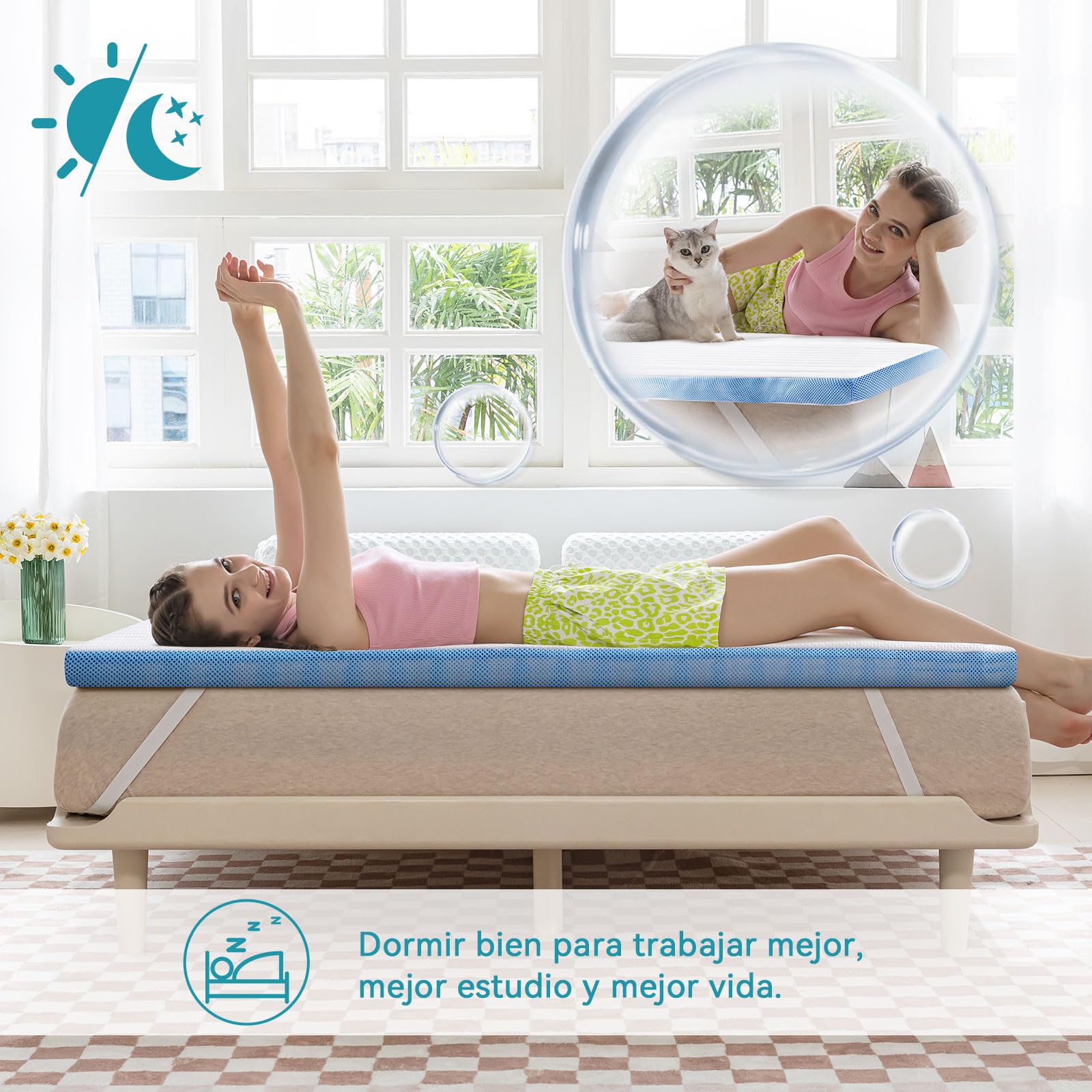 Amazon Basics Colchón de Espuma viscoelástica Topper con memoria con Funda removible y lavable, 135 x 190 cm, 5 cm, Blanco