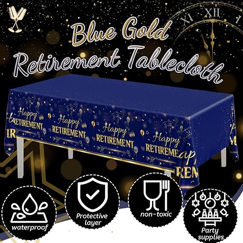 Miniatura 2 de GREHUMOR Mantel de feliz jubilación, 3 piezas, decoración de fiesta de jubilación, mantel azul dorado para mujeres y hombres, mantel rectangular de