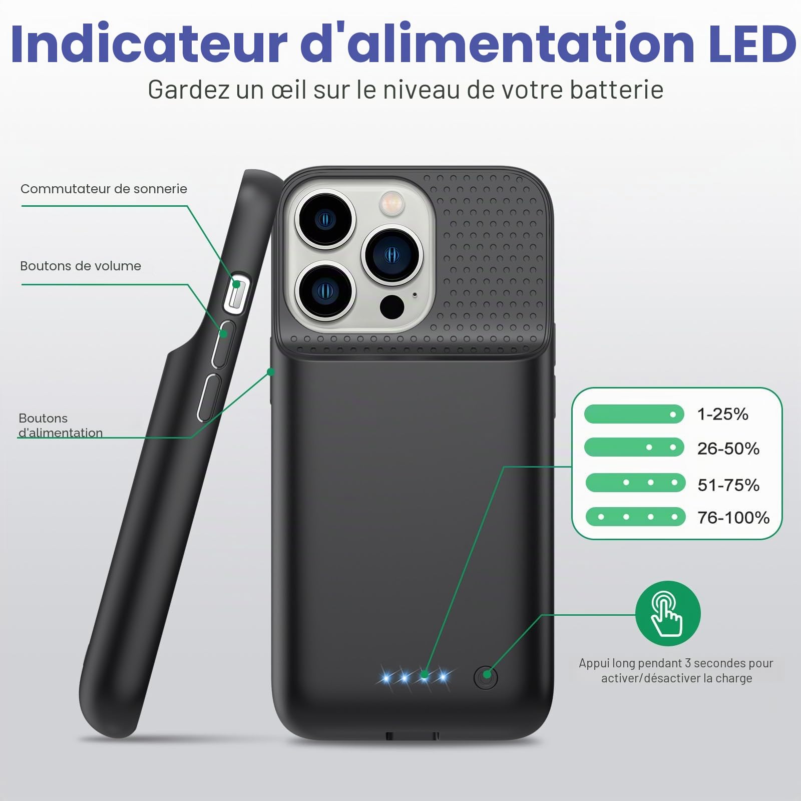 Coque de batterie pour iPhone 14/13/13 Pro (6,1 pouces), 7500 mAh, ultra mince, portable, coque de charge de batterie rechargeable, batterie étendue pour iPhone 14/13/13 Pro (noir)
