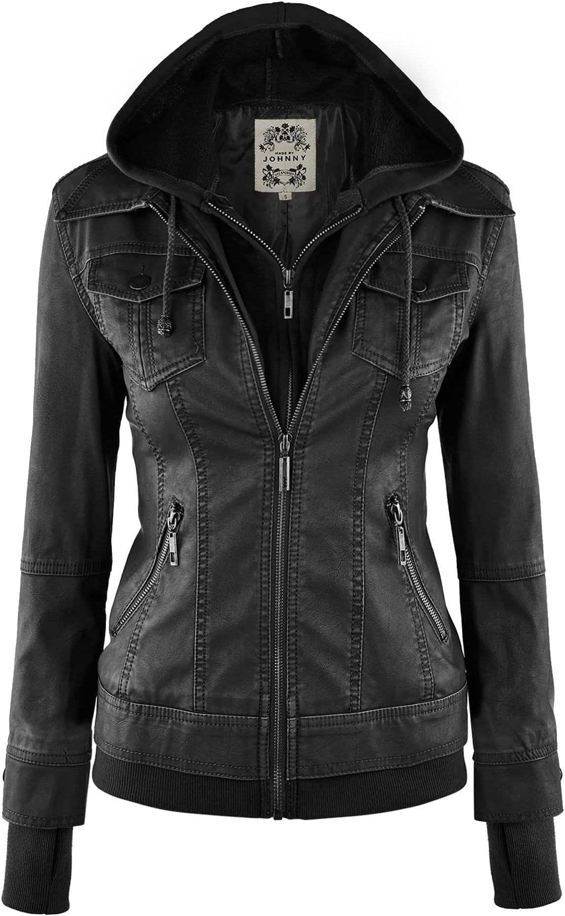Faux Leather Jacket Women Motorcycle Coat for Biker with Removable Hood