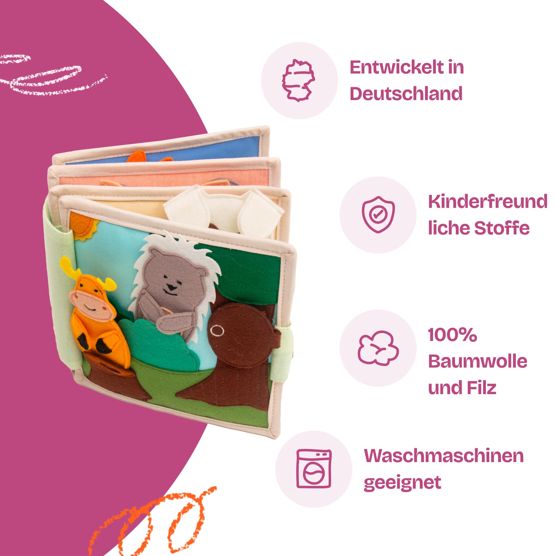 Jolly Designs Mini Quiet Book Les Amis des Animaux – Jouet Montessori dès 12 Mois – Livre sensoriel & Livre Tissu pour Enfant – Book Fait Main avec 6 Pages d’activités – Jouet éducatif & de Voyage