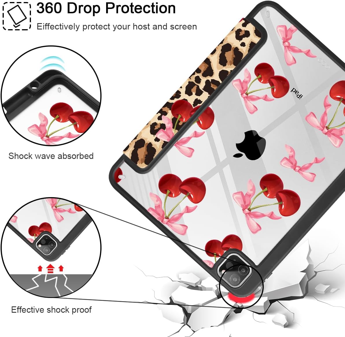 May Chen for iPad Pro 11 inch M2 4th Generation 2022, iPad Pro 11 3rd/2nd/1st Gen, Built-in Pencil Holder with Shockproof Cover Clear Transparent Back Shell Auto Wake/Sleep, Cherry & Cheetah