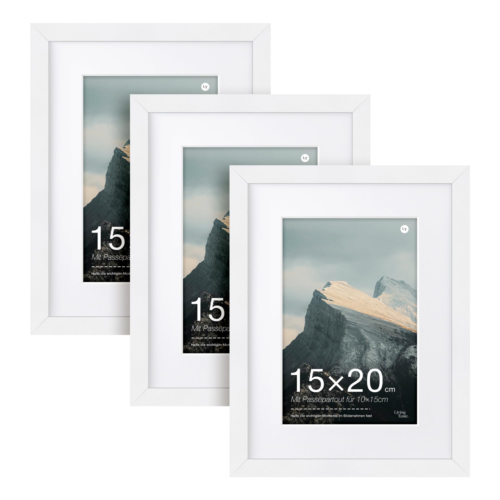 LIVINGTASTE 3 Pack Weiß Bilderrahmen 15×20 cm MDF Rahmen mit Acrylglas | Fotorahmen mit Passepartout für 10×15 cm für Fotos Zertifikate Poster und Kunstbilder für Wohnzimmer und Büro