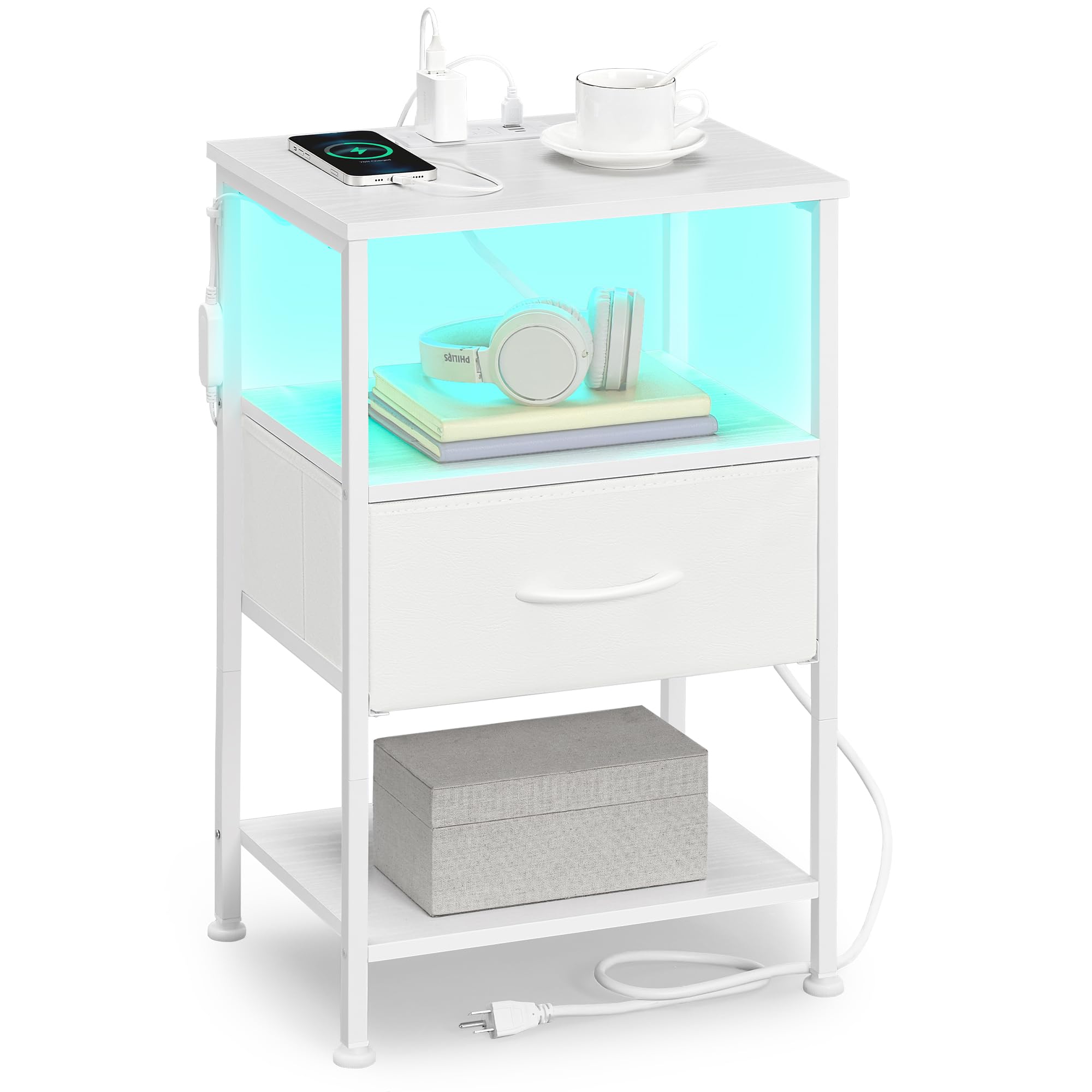 SONGMICS Nightstand with Charging Station, 1 Fabric Drawer