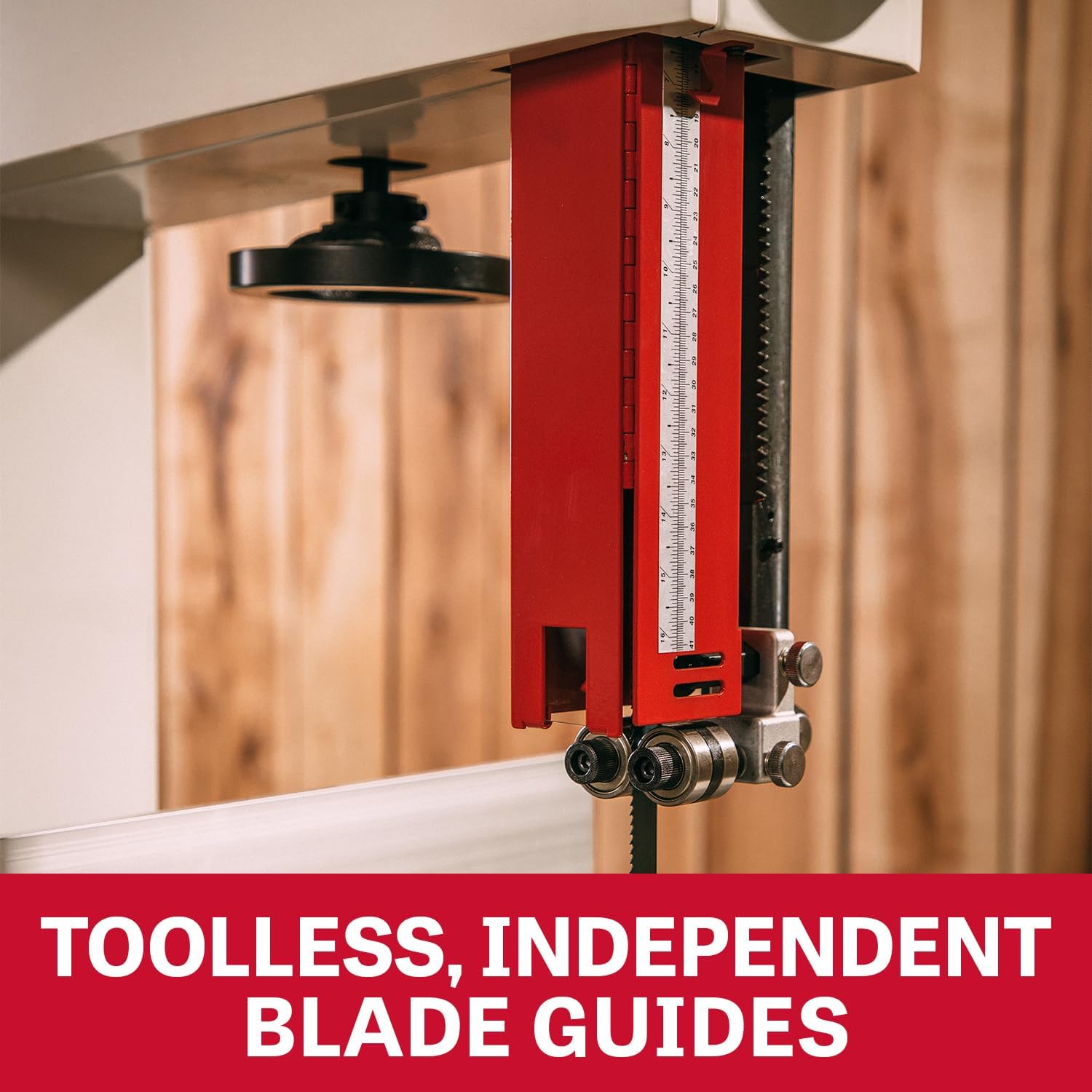 Close-up of the toolless, independent blade guides on the JET bandsaw.