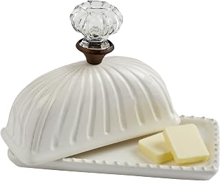Mud Pie Door Knob Butter Dish - Vintage Ceramic White Butter Keeper with Glass Knob Lid