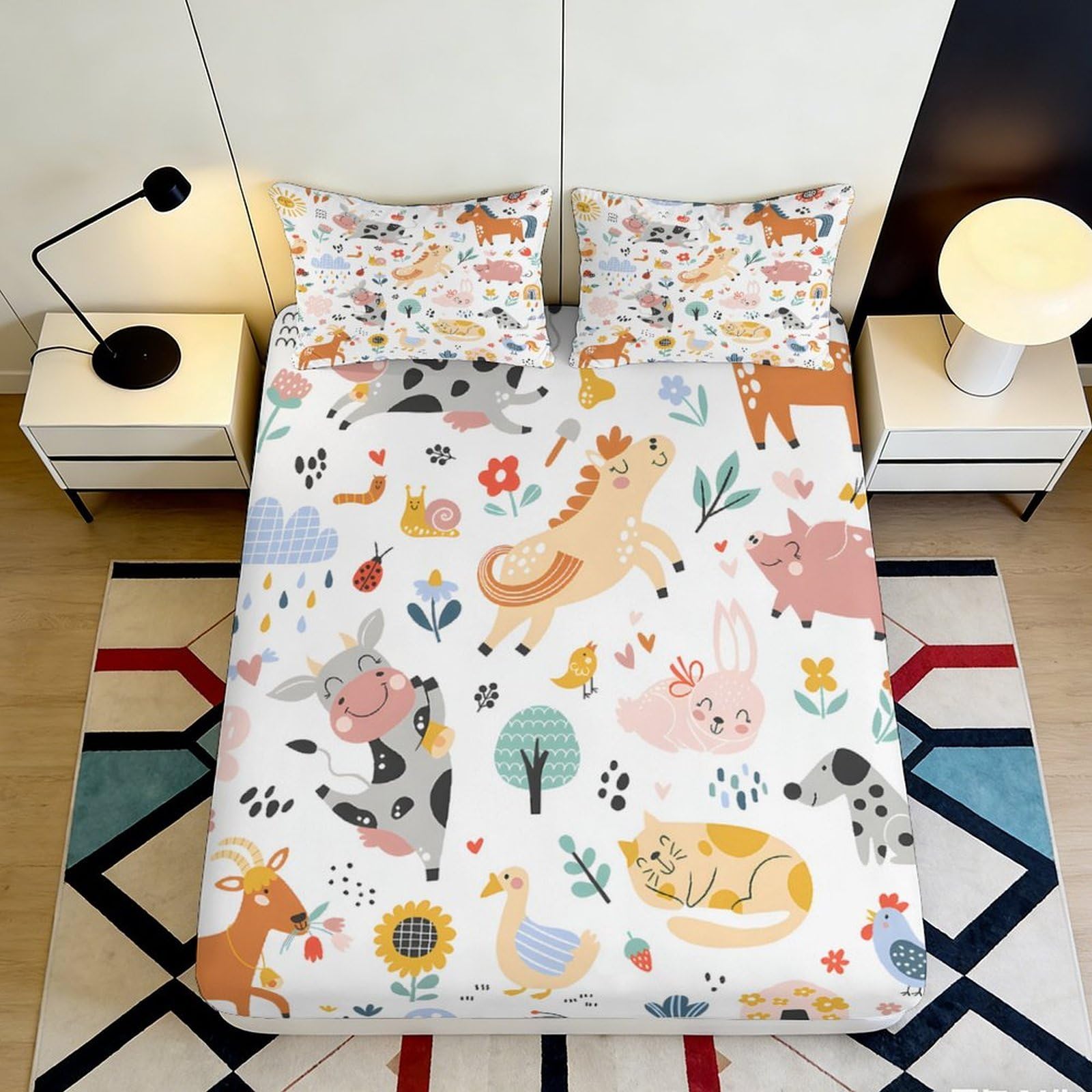 3D Printed Farm Animal Fitted Sheet Microfiber Soft Non-Slip Cartoon Barn Mattress Cover for Bedroom Dorm Easy Care 180x200x25cm