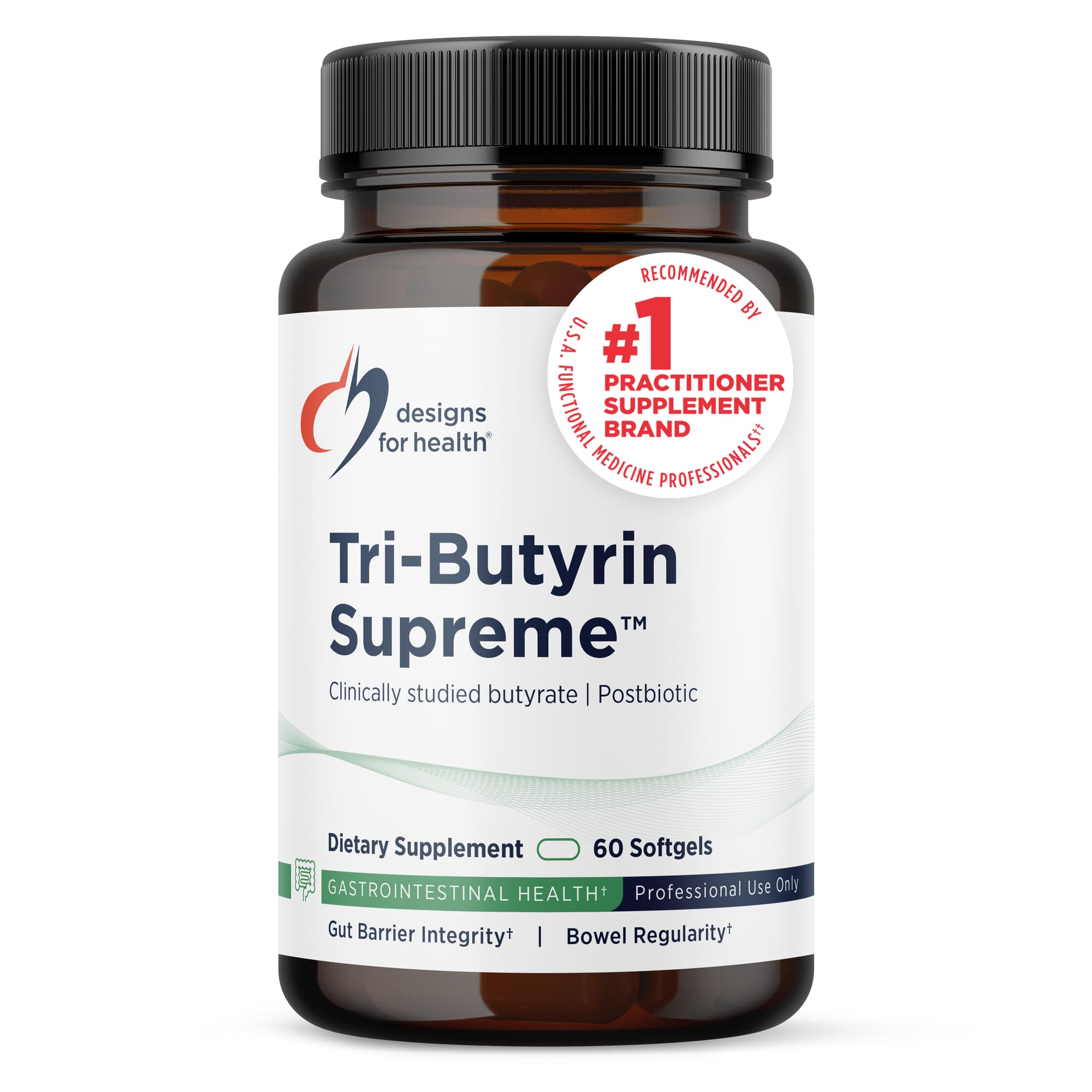 Designs for Health Tri-Butyrin Supreme - 3-in-1 Butyric Acid (Butyrate) Postbiotics for Gut Health & Gut Permeability Support - Tributyrin Supplement with Odor-Minimizing Innovation (60 Softgels)