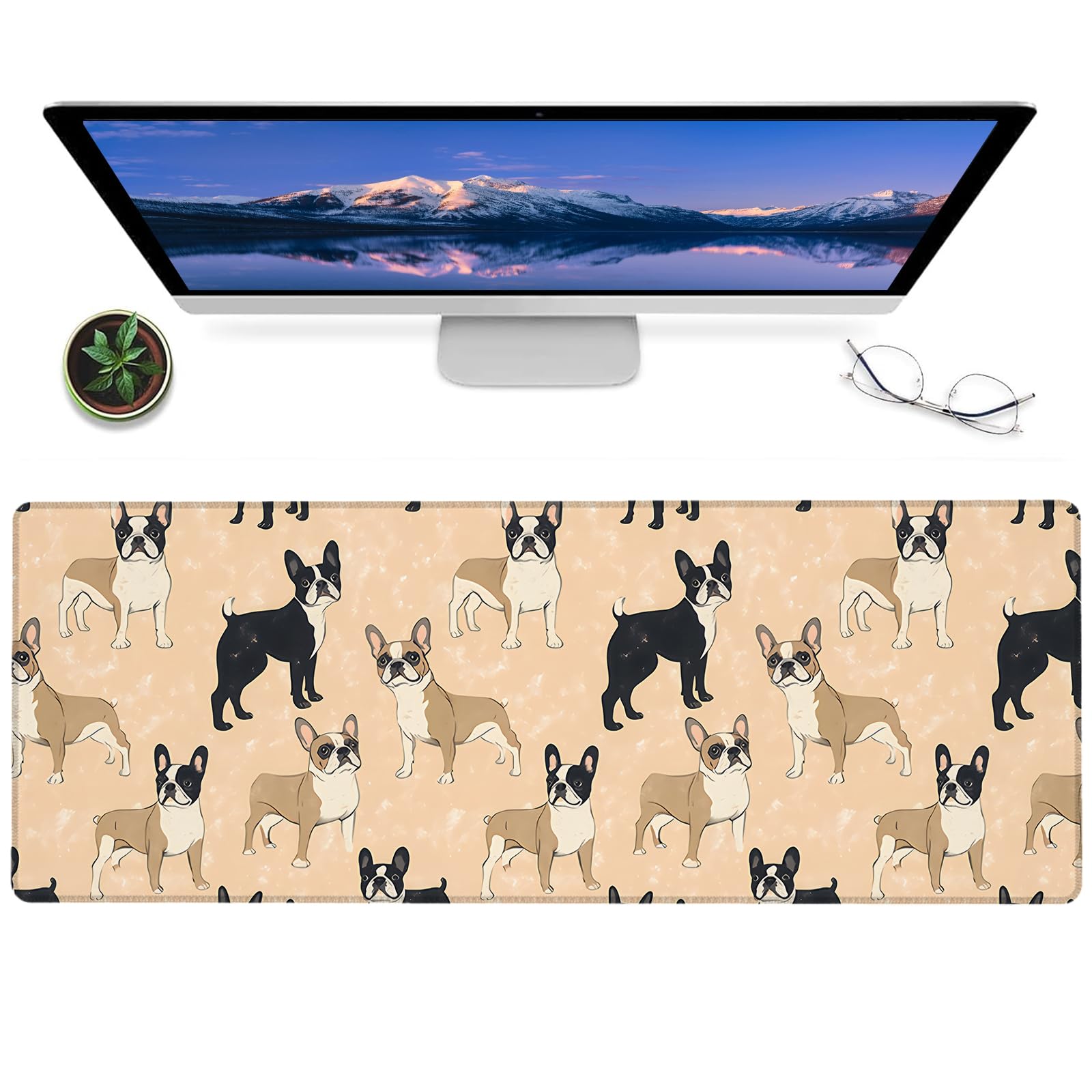 ainori Boston Terriers Gaming Mouse Pad,12x31.5in Non-Slip Rubber Cute Black and Tan Dog Desk Mat,Large Extended Beige Mousepad for Office Home Laptop,Mice Pads Gifts,Game Lover Deskmat Decor