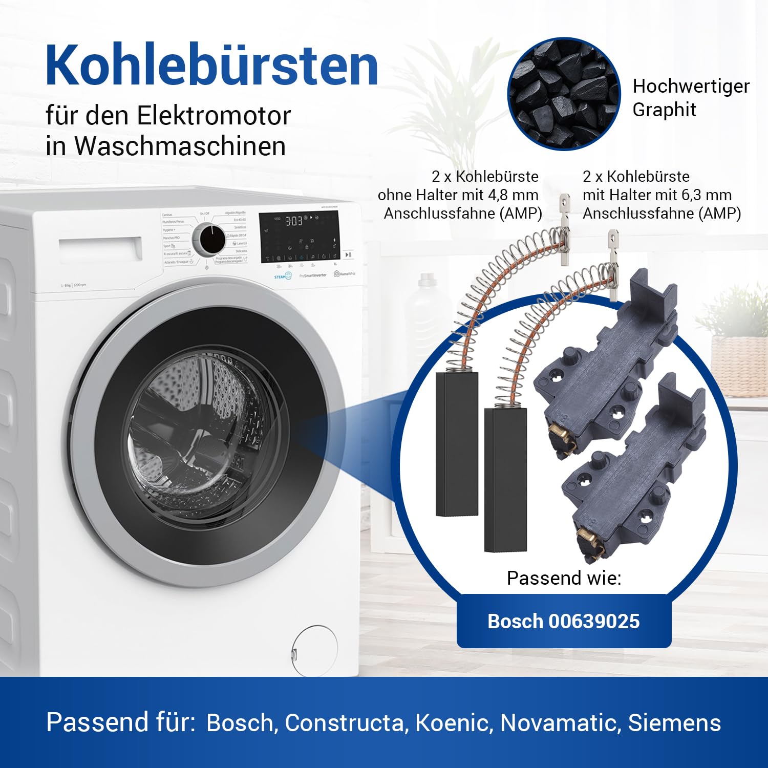 VIOKS Escobillas de carbón para lavadora Bosch Siеmens 639025 00639025 | 2 carbones con soporte de 6,3 mm AMP + 2 carbones de motor sin soporte de 4,8 mm AMP, para varioPerfect Maxx Serie 4 iQ100