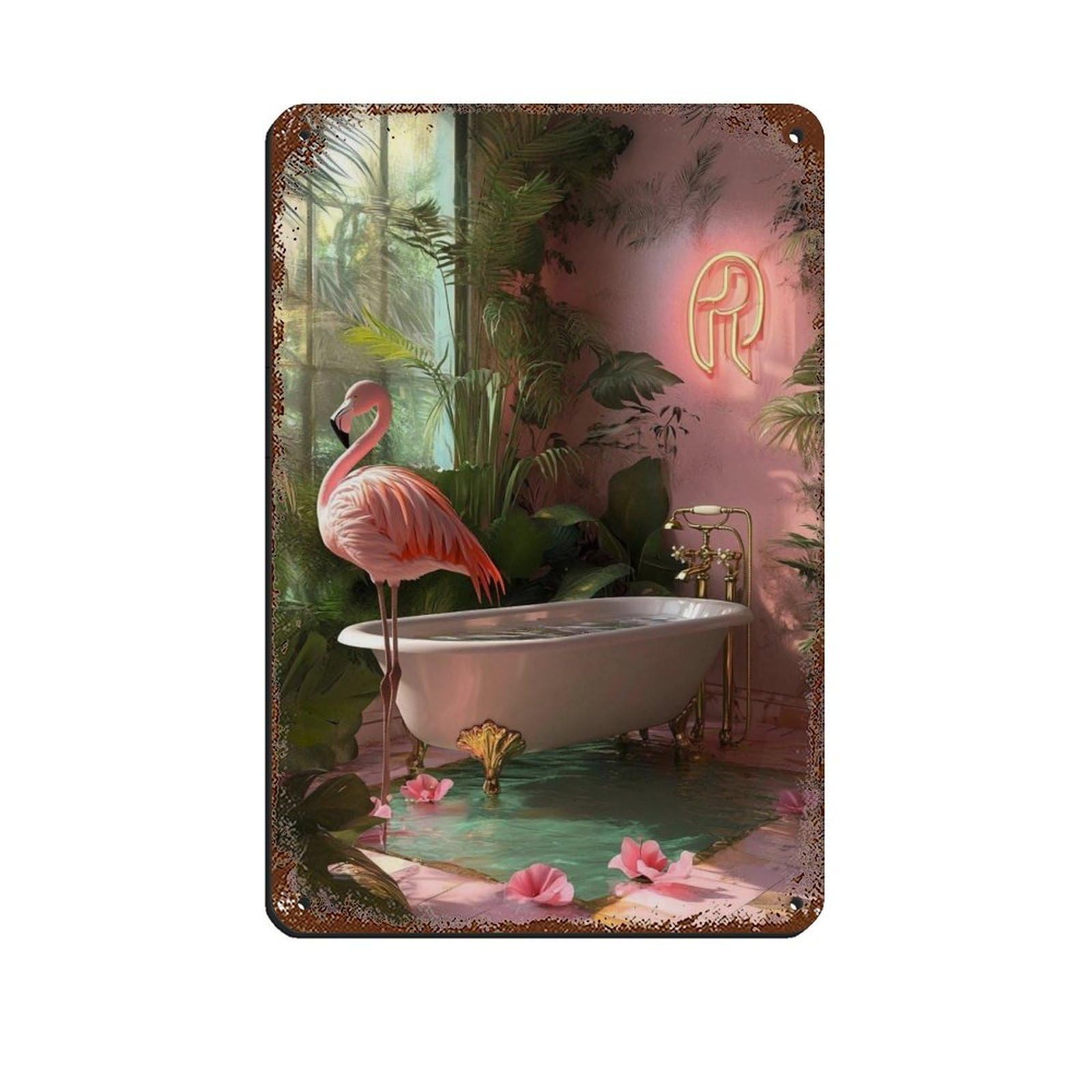 Flamingo Bathroom Art Pink Tropical Retro Poster Metal Tin Sign Chic Art Retro Iron Painting Bar People Cave Cafe Family Garage Poster Wall Decoration 8x12inch(20x30cm)