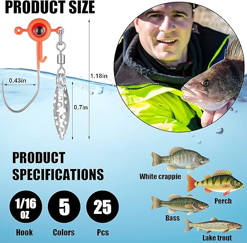 Miniatura 2 de Juego de cabezas de plantilla de crappie, gancho de cabeza de pesca para pesca con bola de ojo, 116 onzas de cabeza de plomo de gancho de la