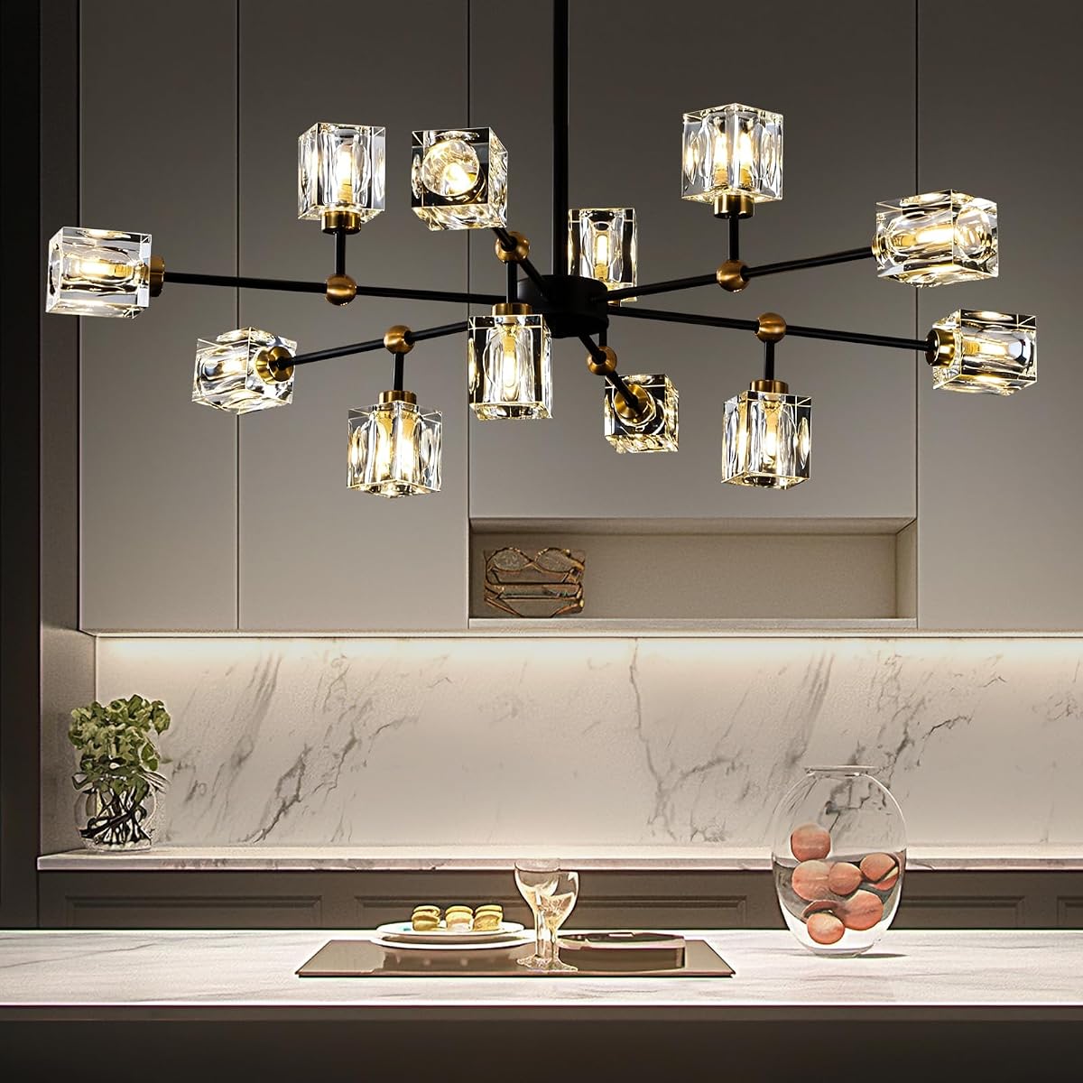 Crystal Sputnik Chandelier with 12-Light Modern Light Fixtures | Black and Gold, Adjustable Height, Dining Living Room, Bedroom, Entryway