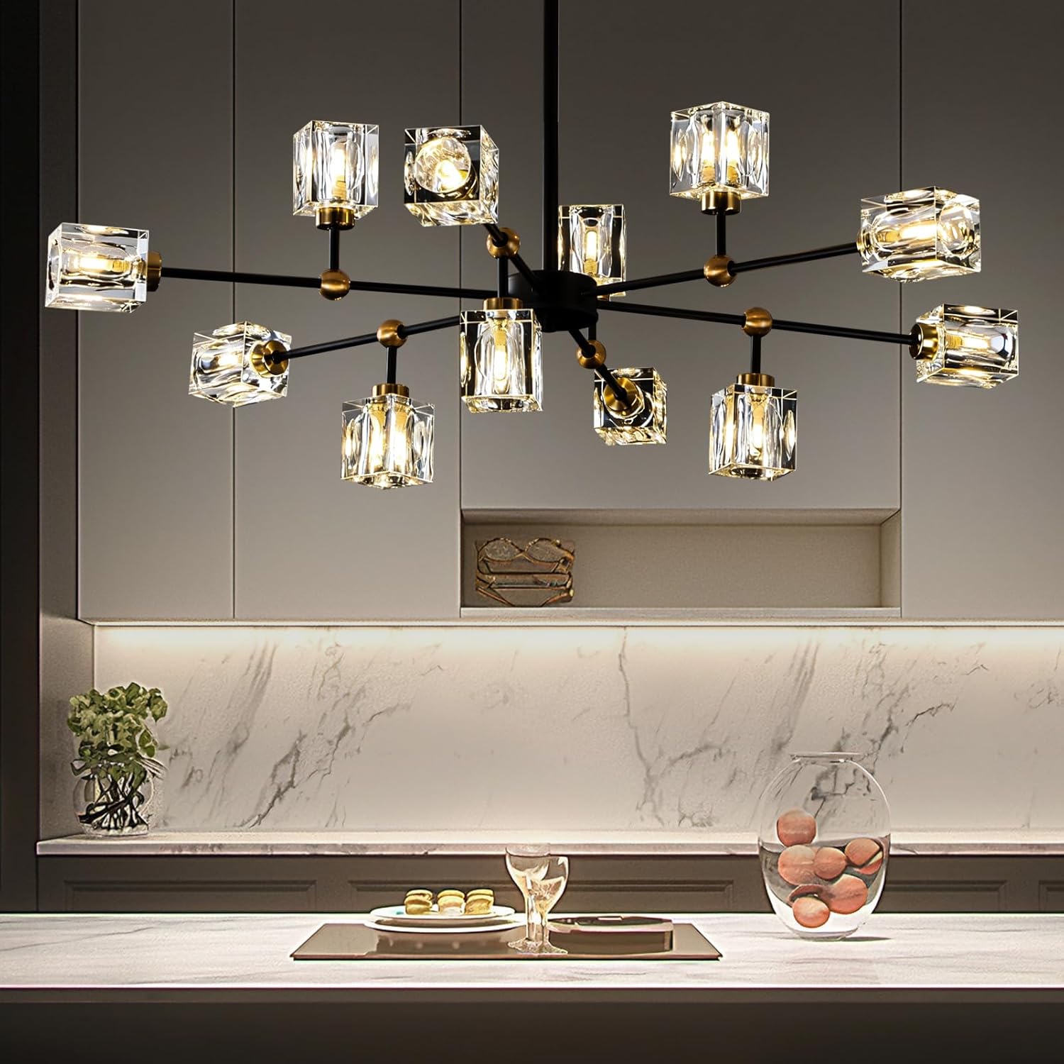 12-Light Black Crystal Chandelier Modern Sputnik Chandeliers for Dining Room Adjustable Height Sputnik Ceiling Light Fixture for Living Room Kitchen Island Bedroom