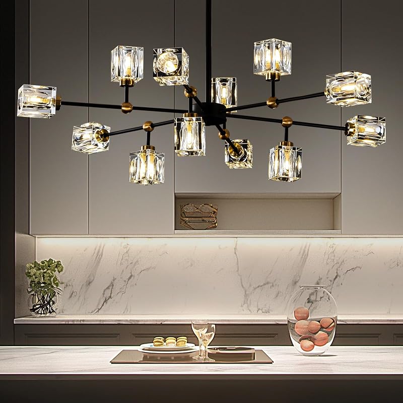 Crystal Sputnik Chandelier with 12-Light Modern Light Fixtures | Black and Gold, Adjustable Height, Dining Living Room, Bedroom, Entryway