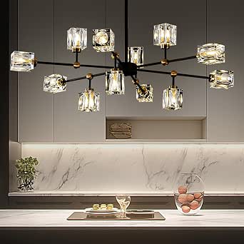 Crystal Sputnik Chandelier with 12-Light Modern Light Fixtures, Black and Gold, Adjustable Height
