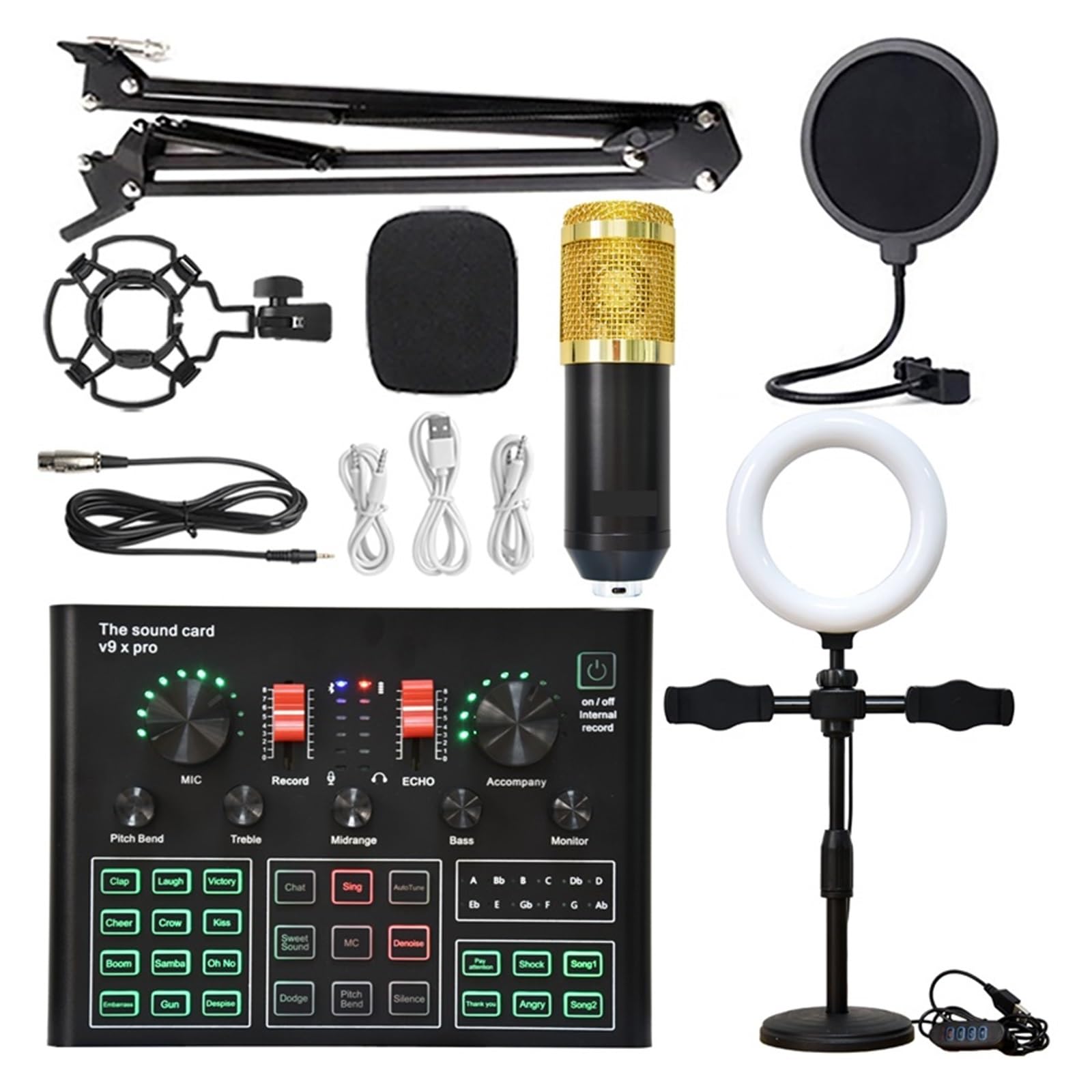 Kit Scheda Audio Professionale a condensatore Micro Bluetooth Scheda Audio Wireless per Karaoke con Staffa a sbalzo Luce di riempimento Studio Setup per la Registrazione di Musica