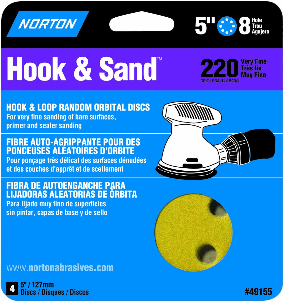 Norton 49155 8Hole 220 Grit Hook and Loop Sanding Disc, 5Inch, 4Pack