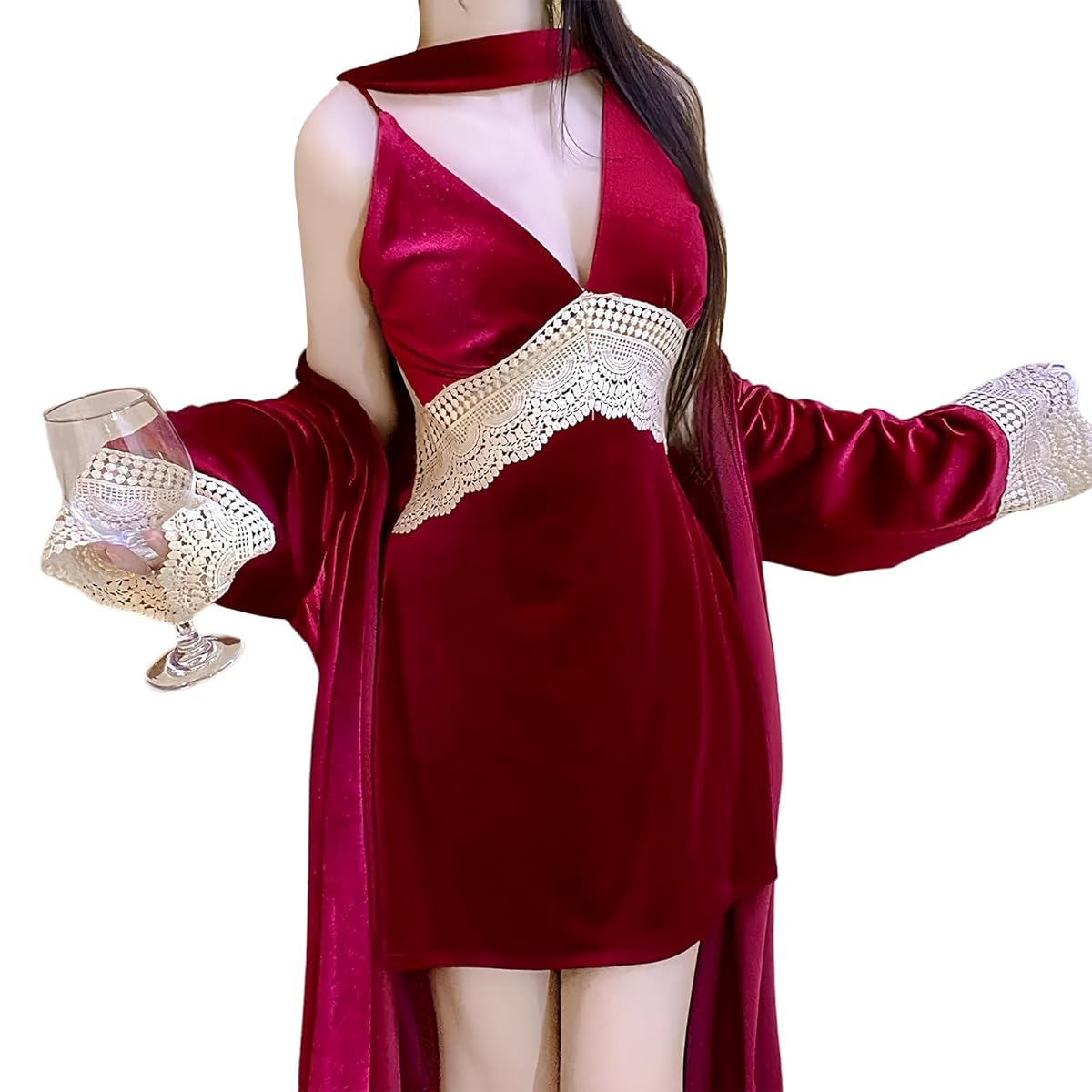 [AQRTPXU] ベロア ベビードール ナイトガウン ローブ レディース 深いVネック刺繍レースバックレス キャミソール ハーフスリップ ネグリジェ ルームウェア セクシー ベルベット 上品 部屋着