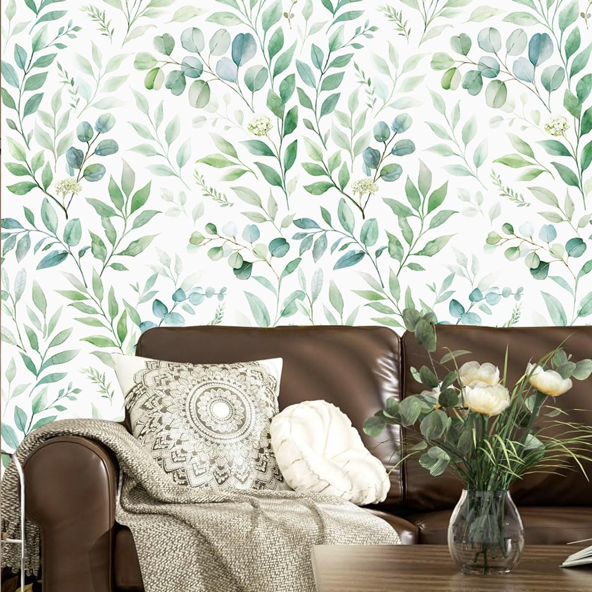 GaliGali Peel and Stick Wallpaper Floral Boho Eucalyptus Leaf Renter Friendly Removable Wallpaper Peel and Stick Contact Paper Self-Adhesive for Bathroom Home Decor 17.3"x118", No.93600-1-3