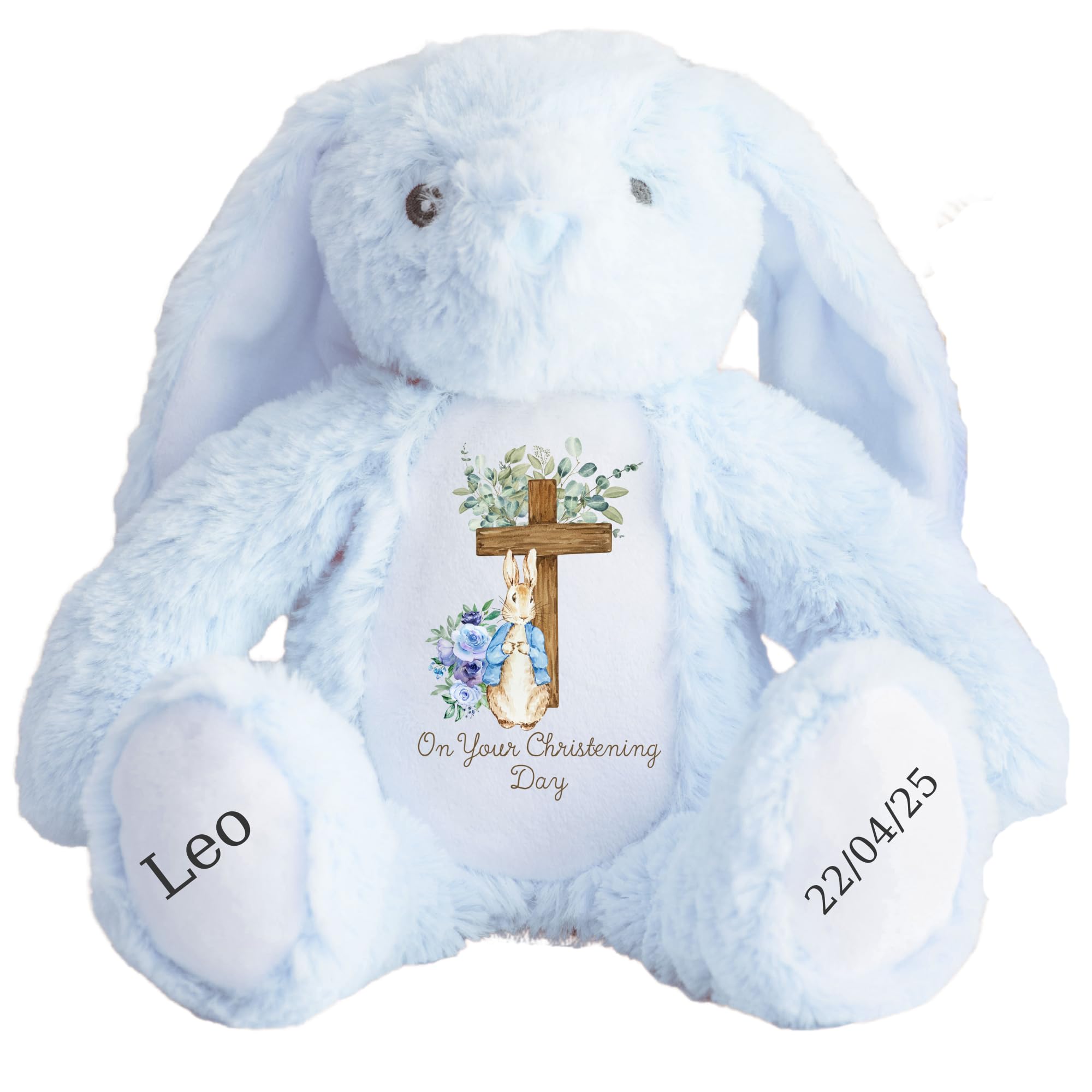 Personalised Christening Bunny with Name - Peter Cross Rabbit Blue Flowers On your Christening Day Soft Toy for Baby, Toddler, Kids, Child, Babies Baptism Church Spring Time - Blue Letter Blu Bunny โ image 1