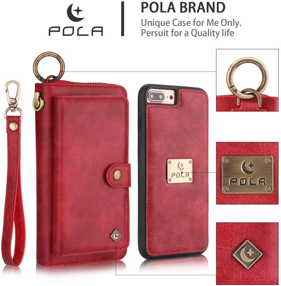 Petocase Compatible iPhone 8 Plus/iPhone 7 Plus Wallet Case, Multi-Function Zipper Purse with Detachable Magnetic Wristlets 13 Card Slots & 4 Cash Pocket Cover for Apple iPhone 8/7/6s/6 Plus Red