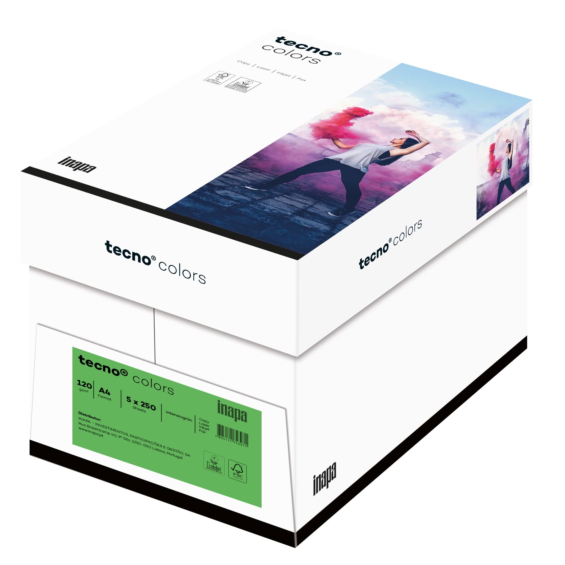 inapa farbiges Druckerpapier, buntes Papier tecno Colors: 120 g/m², A4, 1.250 Blatt (5x250), intensivgrün