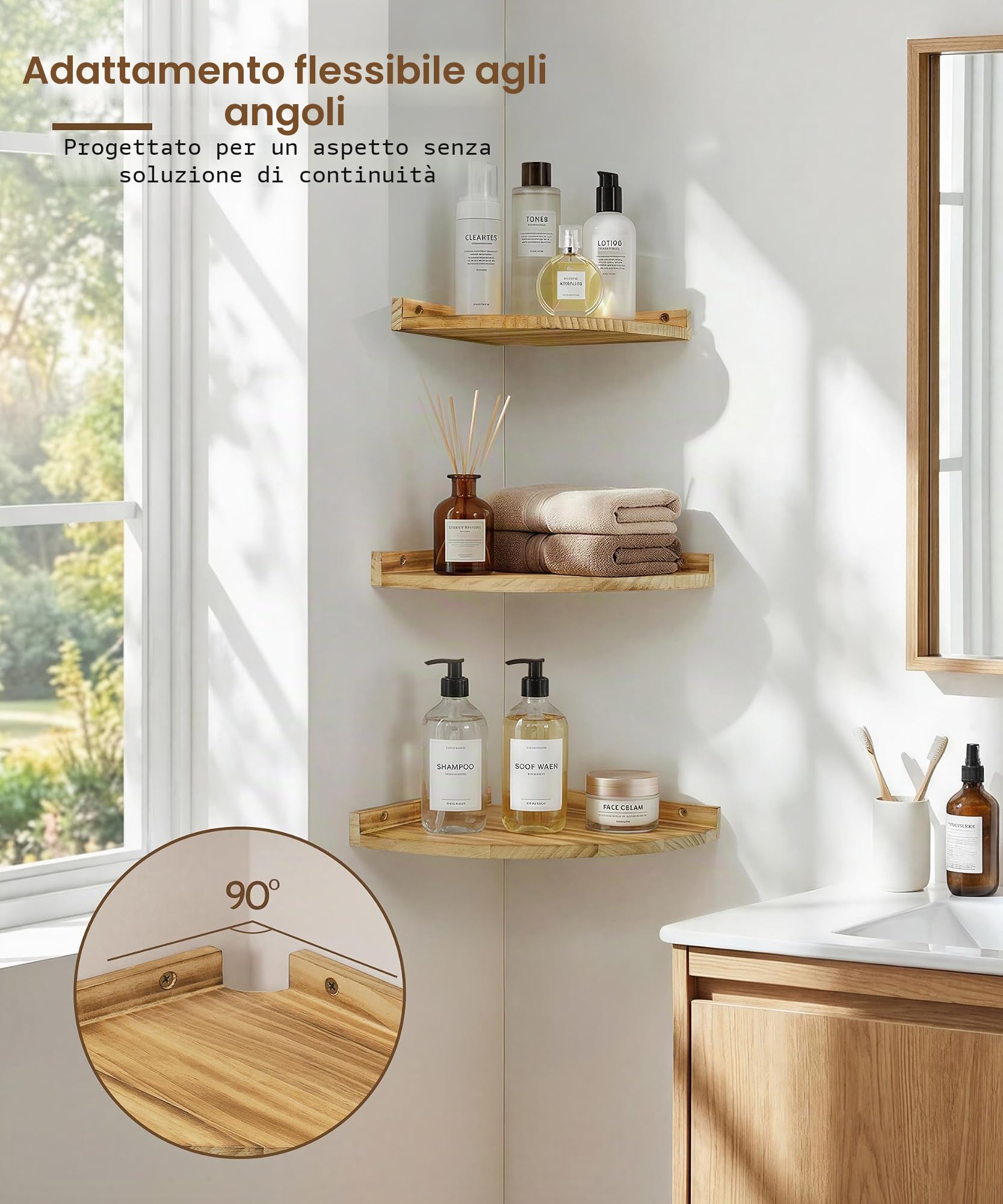 Scaffale angolare da parete in legno, set da 3 scaffali galleggianti, stile vintage, rustico, per la parete, libreria, con estremità rotonda, per bagno, cucina, camera da letto, soggiorno