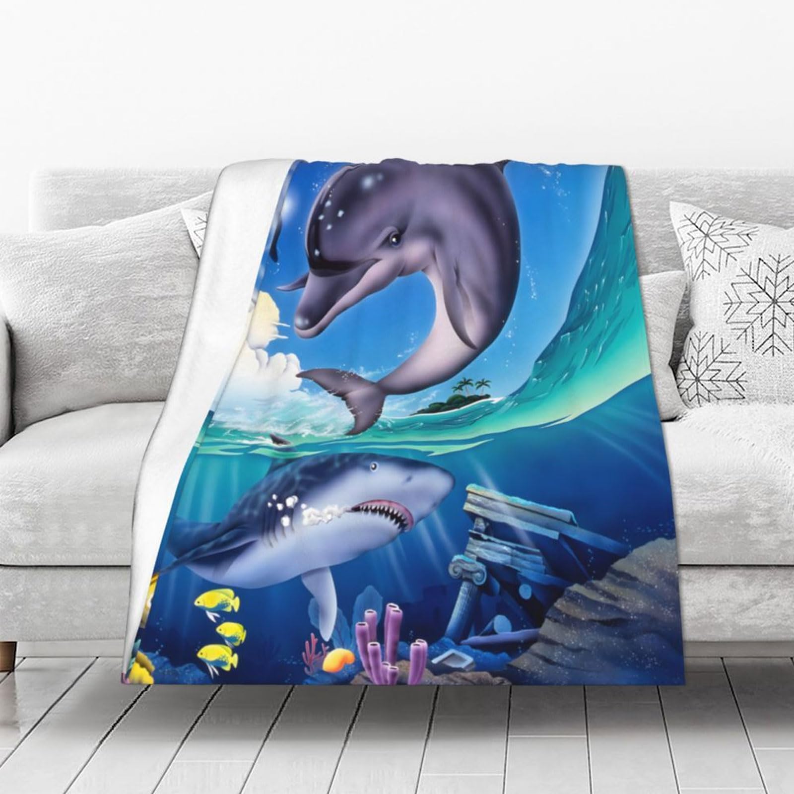 Couverture Dauphin 150x200 cm, Couverture en Flanelle avec Animaux Marins pour Enfants Garçon Fille, Couverture en Polaire d'Animaux Marins de l'Océan, Couverture Douillette, Couvre-canapé