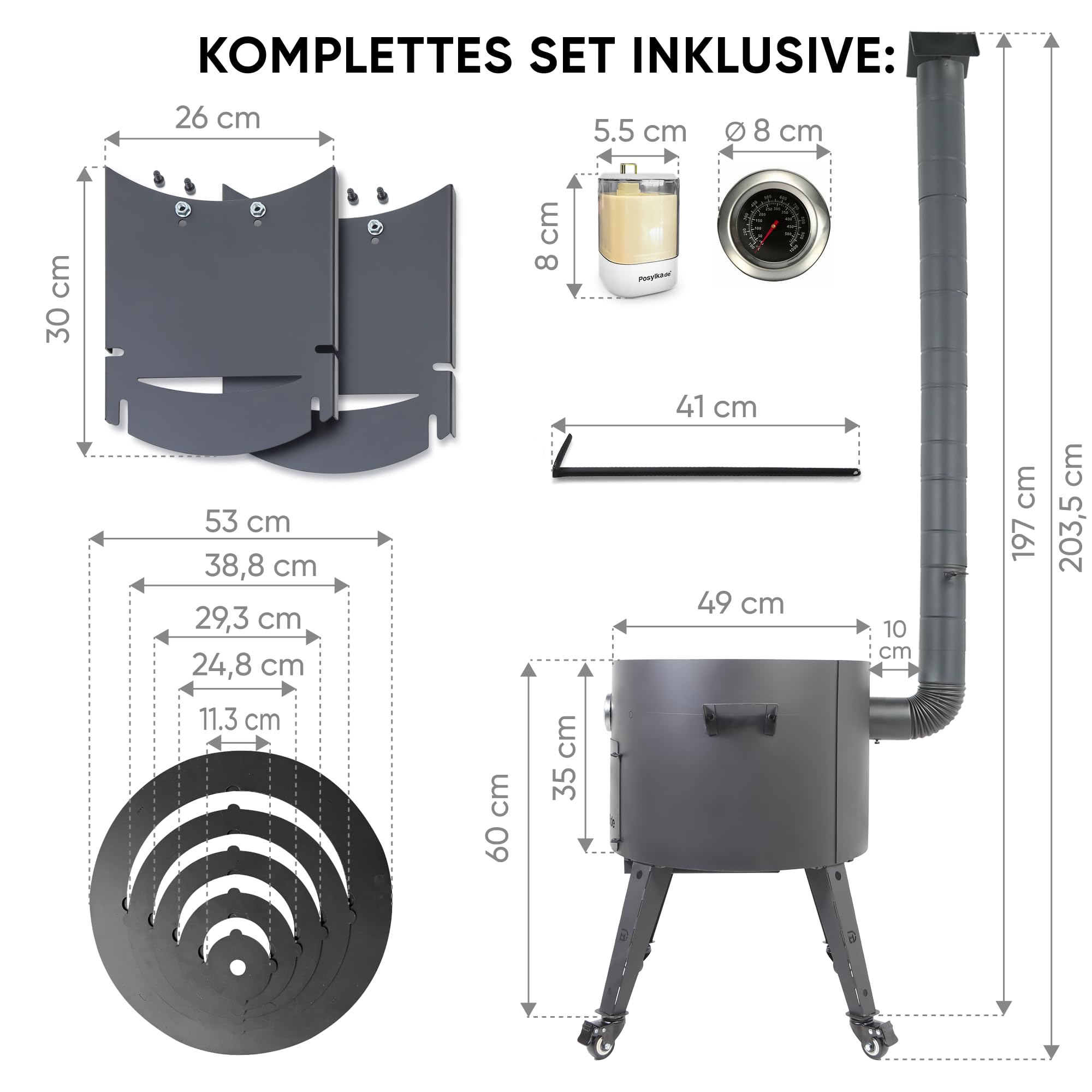 Utschak Feuerofen Ø 49cm für Kazan Wok 22L | Uchag mit Abzugsrohr & Rohrverlängerung, Ablagetisch, Räder | Учаг Feuerschale Gulaschkanone | Usbekische Plov Kasan Grill Feldküche (Mit Adapter-Ringen)