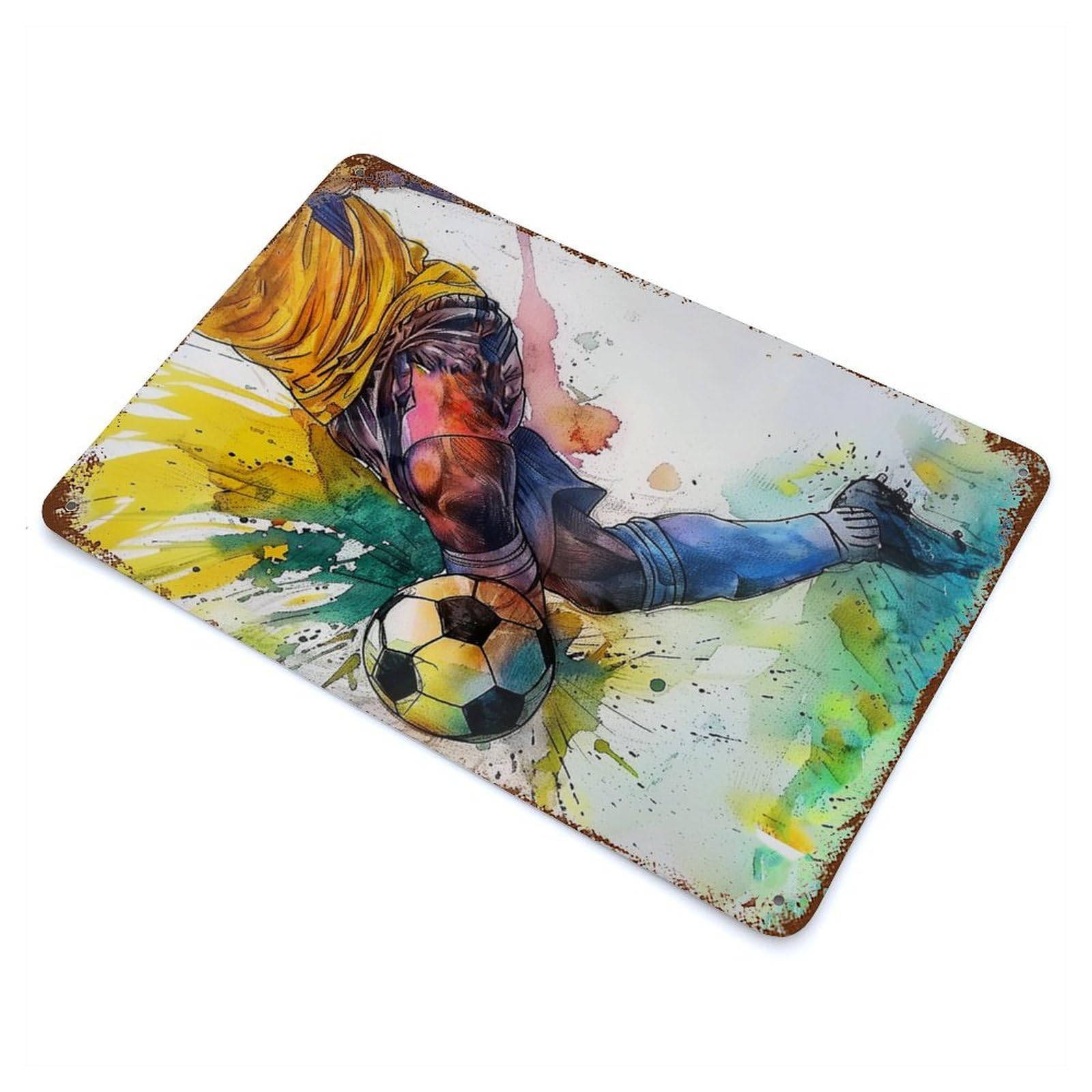 Soccer Player Watercolor Art 11.8"x7.9" Weathered Tin Sign, Rustic Home Decor for Living Room, Hallway And Home Decor