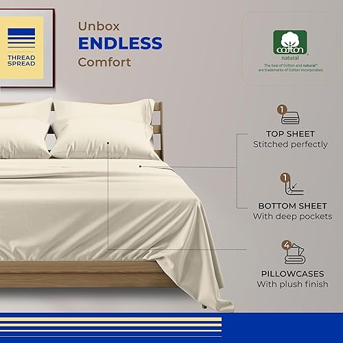 Miniatura 3 de THREAD SPREAD Juego de sábanas 100% de algodón egipcio dividido tamaño King para cama ajustable, sábana de lujo de 800 hilos de 5 piezas (marfil),