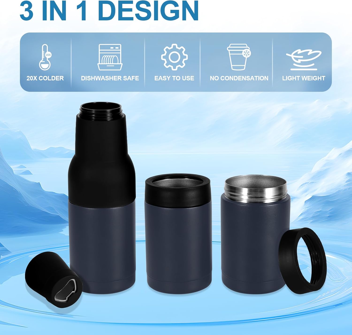 12Oz Vacuum Insulated Double Walled Stainless Steel Beer Soda Bottle and Can Cooler with Beer Opener, 3 in 1 Slim Can Beer Bottle Insulators Holder Ice Cold for Hours Beer Lovers - Navy Blue - Image 4