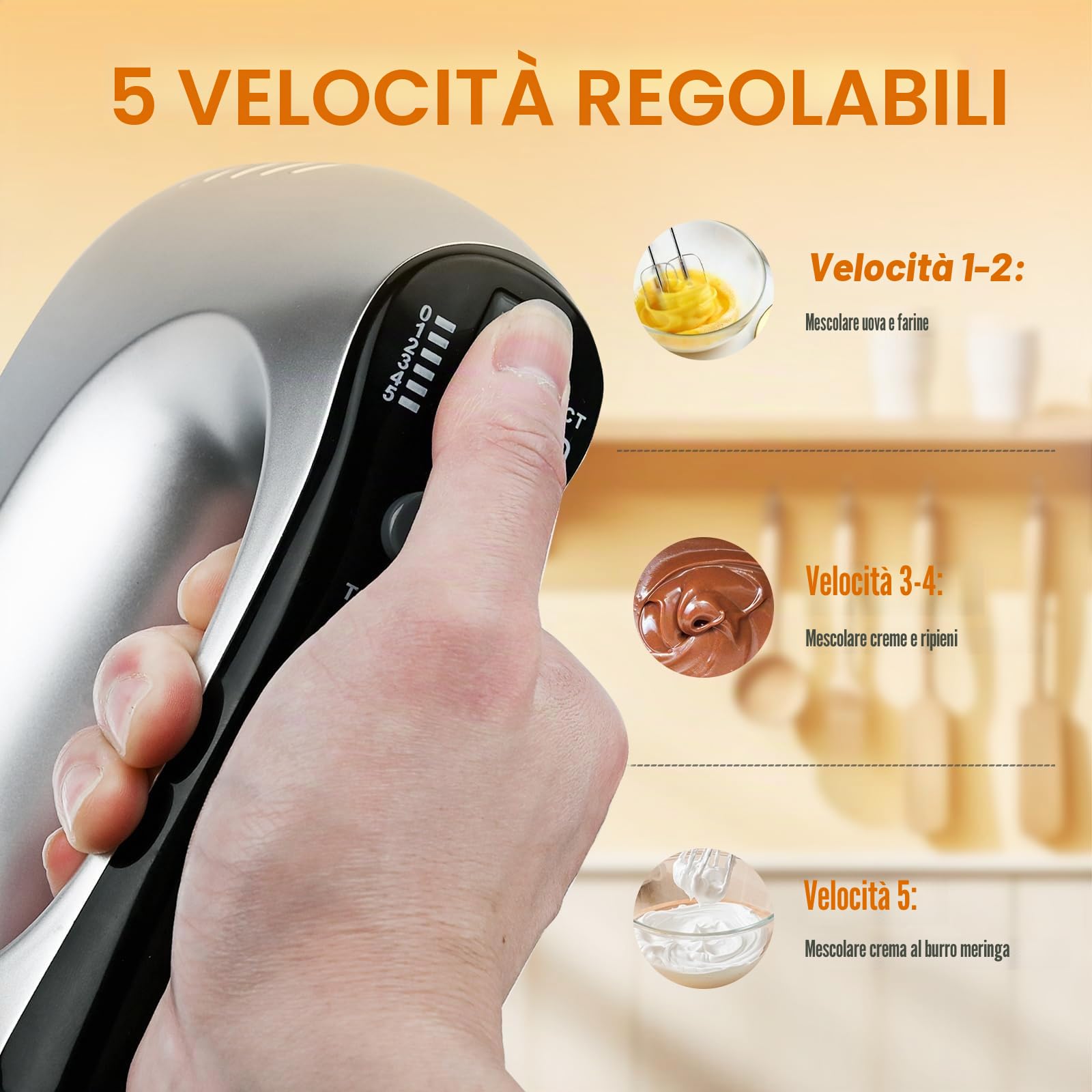 Lychee Frullatore Elettrico Anti-Spruzzo, Frusta a Mano con 5 Velocità e Turbo, Con Base di Stoccaggio, 6 Accessori in Acciaio Inox, Frullatore Elettrico per Cucina e Cottura, 300W