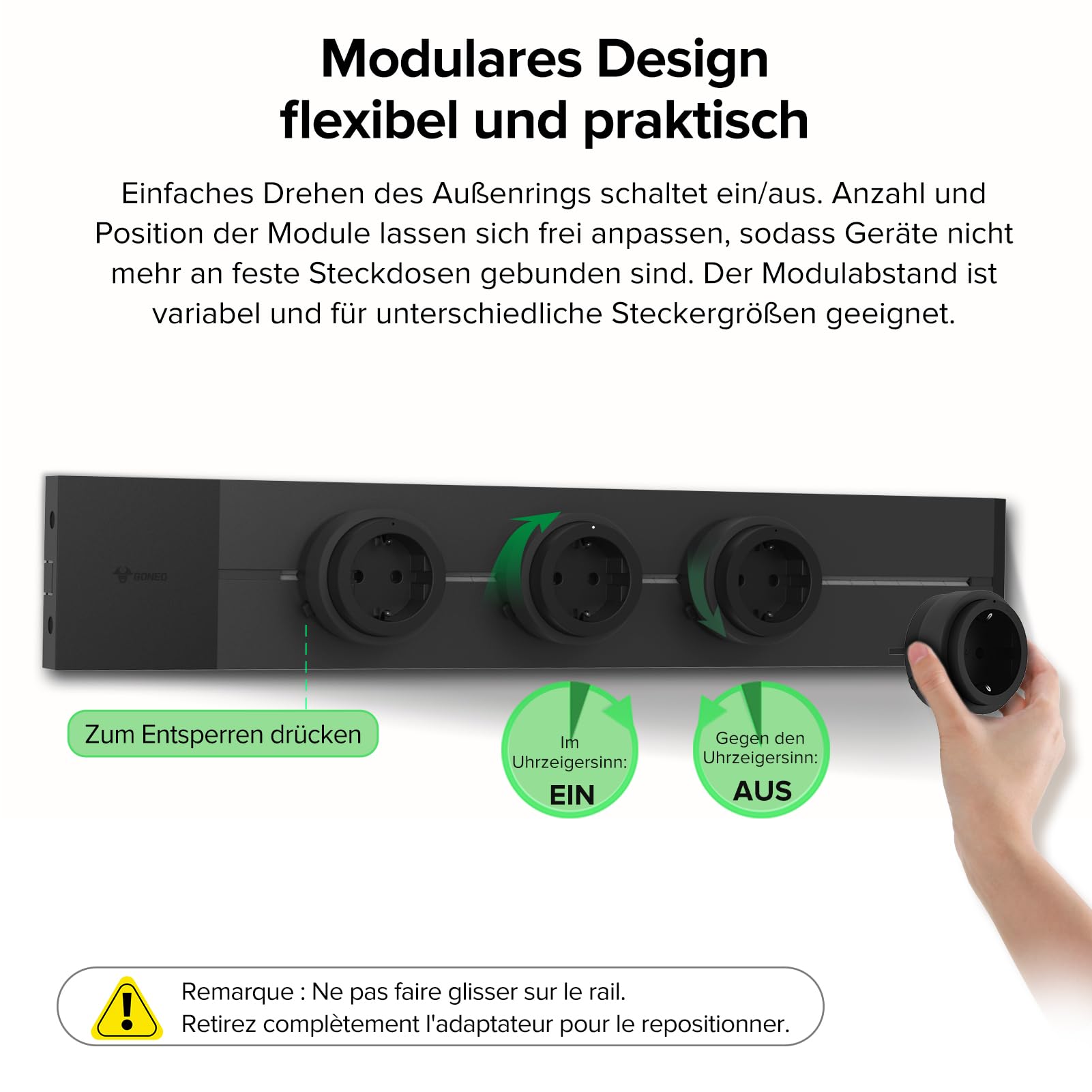 GONEO Aufputz-Stromschiene Steckdosenleiste, 75 cm Schiene mit 5 Modulare Steckdosen einzeln Schaltbar und Kinderschutz, Schienensteckdose Alu-Design, VDE geprüft, Für Küche Wohnzimmer Werkstatt