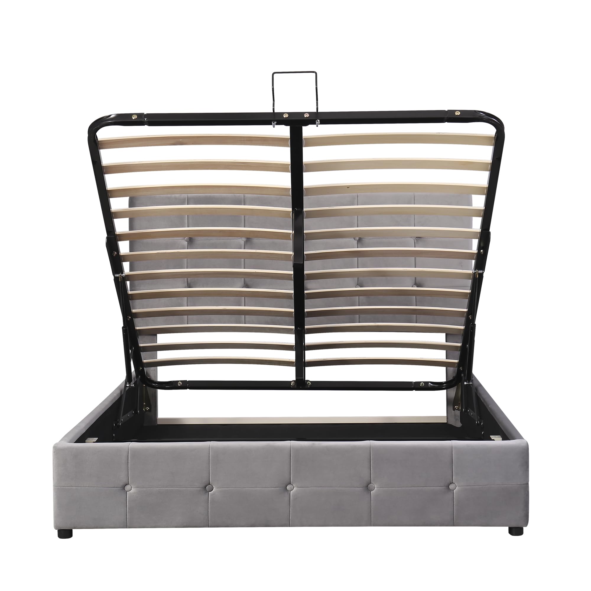 Cama hidráulica de material elevador con espacio de almacenamiento, somier de láminas de metal, funda de terciopelo, ahorra espacio para apartamentos pequeños