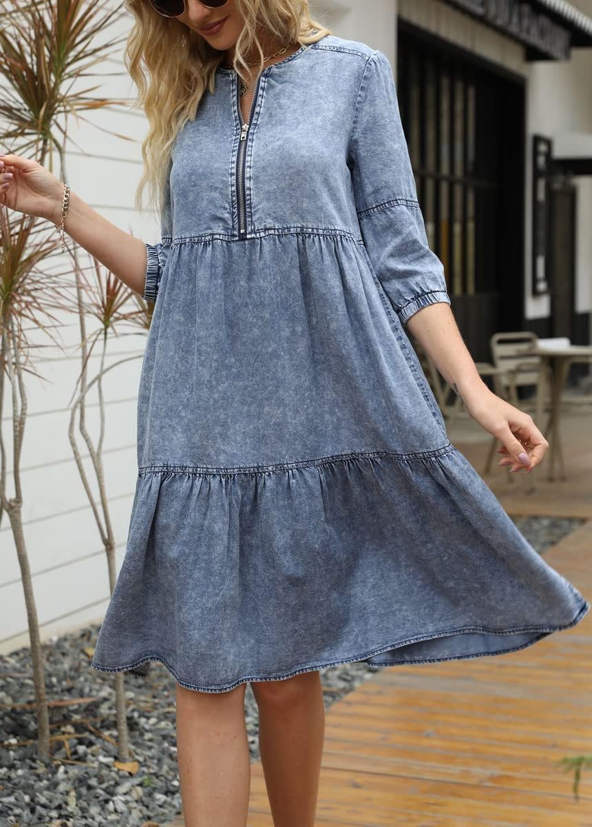 Women's Washed Crewneck Half-Zip Closure 3/4 Sleeve Soft Babydoll Denim Midi Dress - Image 3
