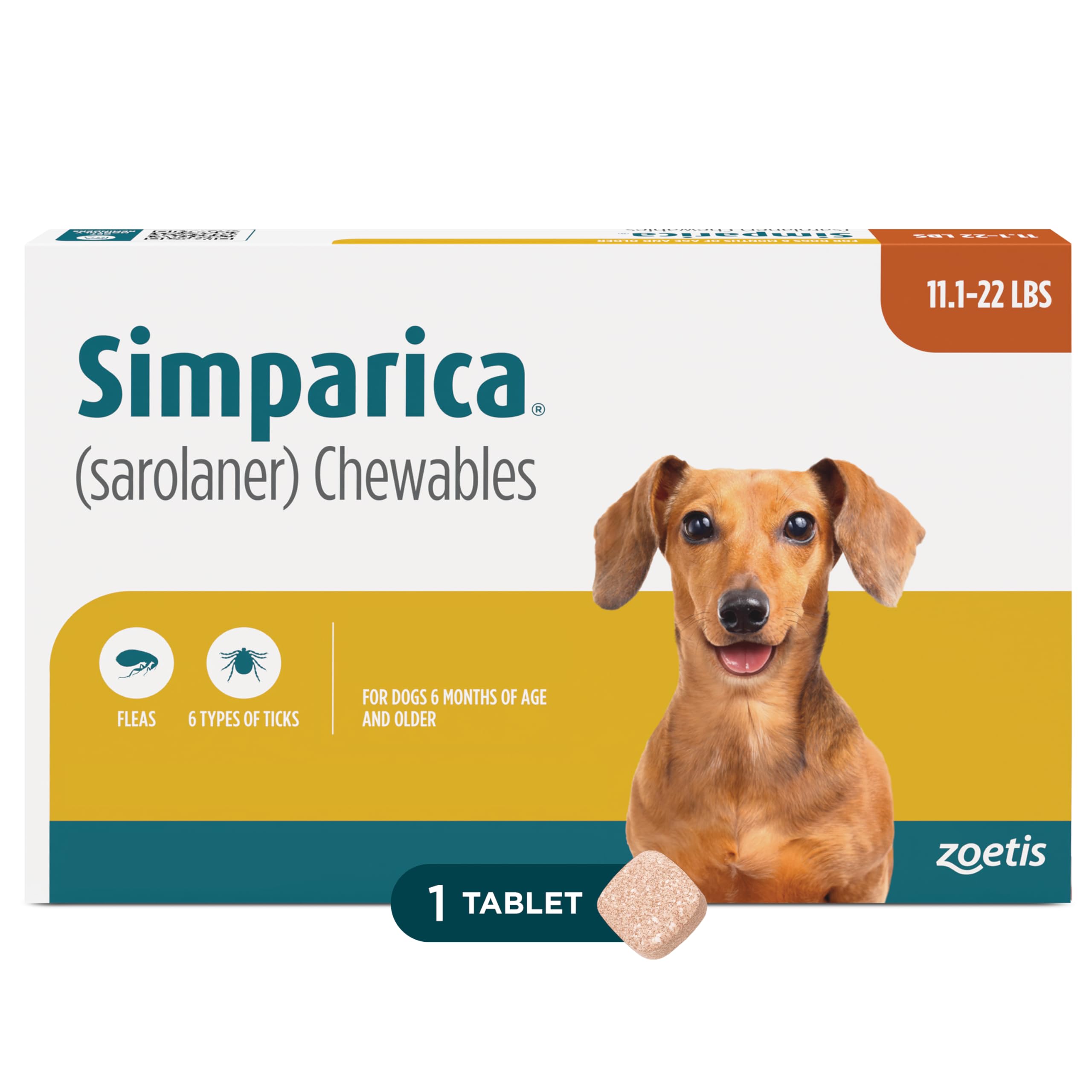 Simparica (sarolaner) Chewables for Dogs, 120 mg/tab, 88.1-132 lbs (Brown), 6 Tablets