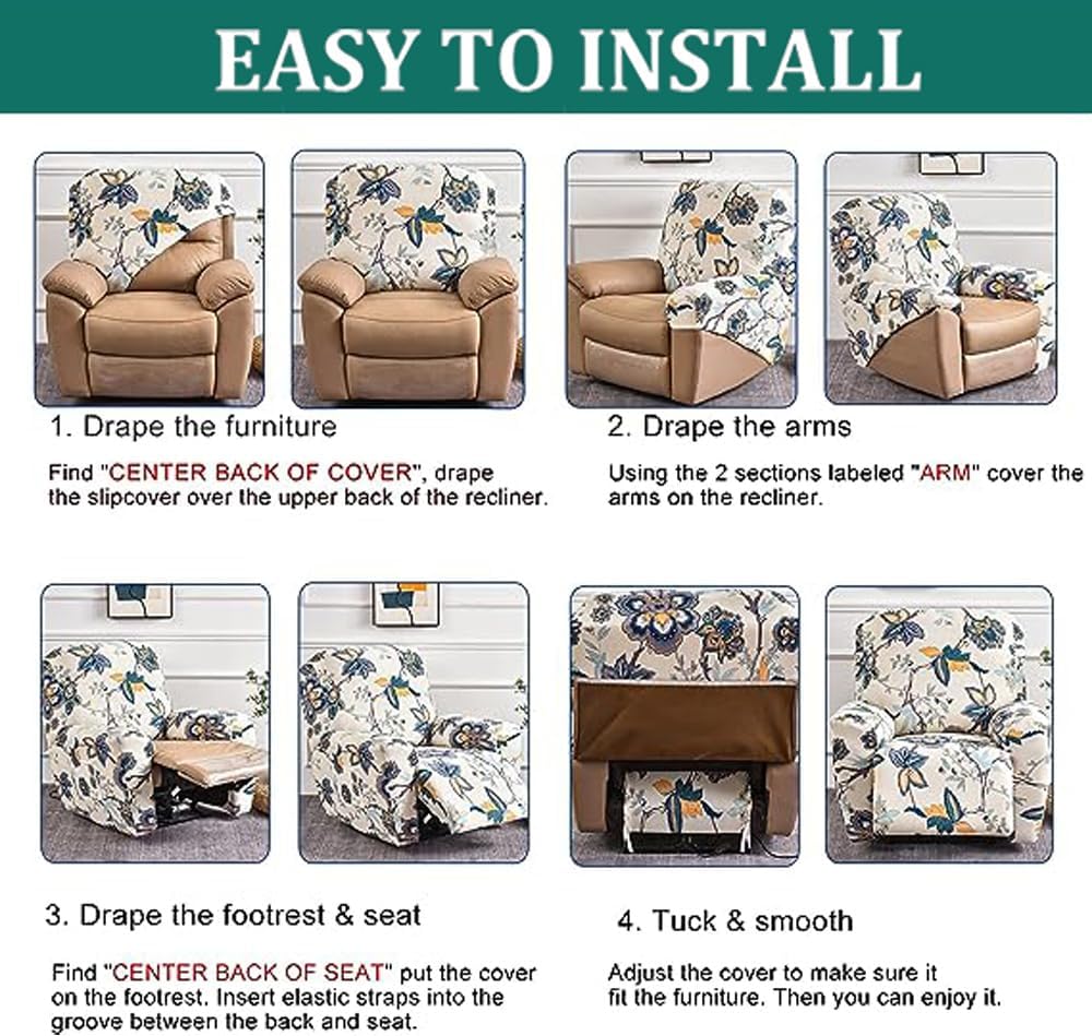 Newest Recliner Slipcovers 4-Pieces 1Seat Stretch Printed Sofa Cover Lazyboy Recliner Covers Recliner Couch Covers Recliner Chair Cover Leather Recliner Chair Cover for Rocking Recliner (Colour#19)