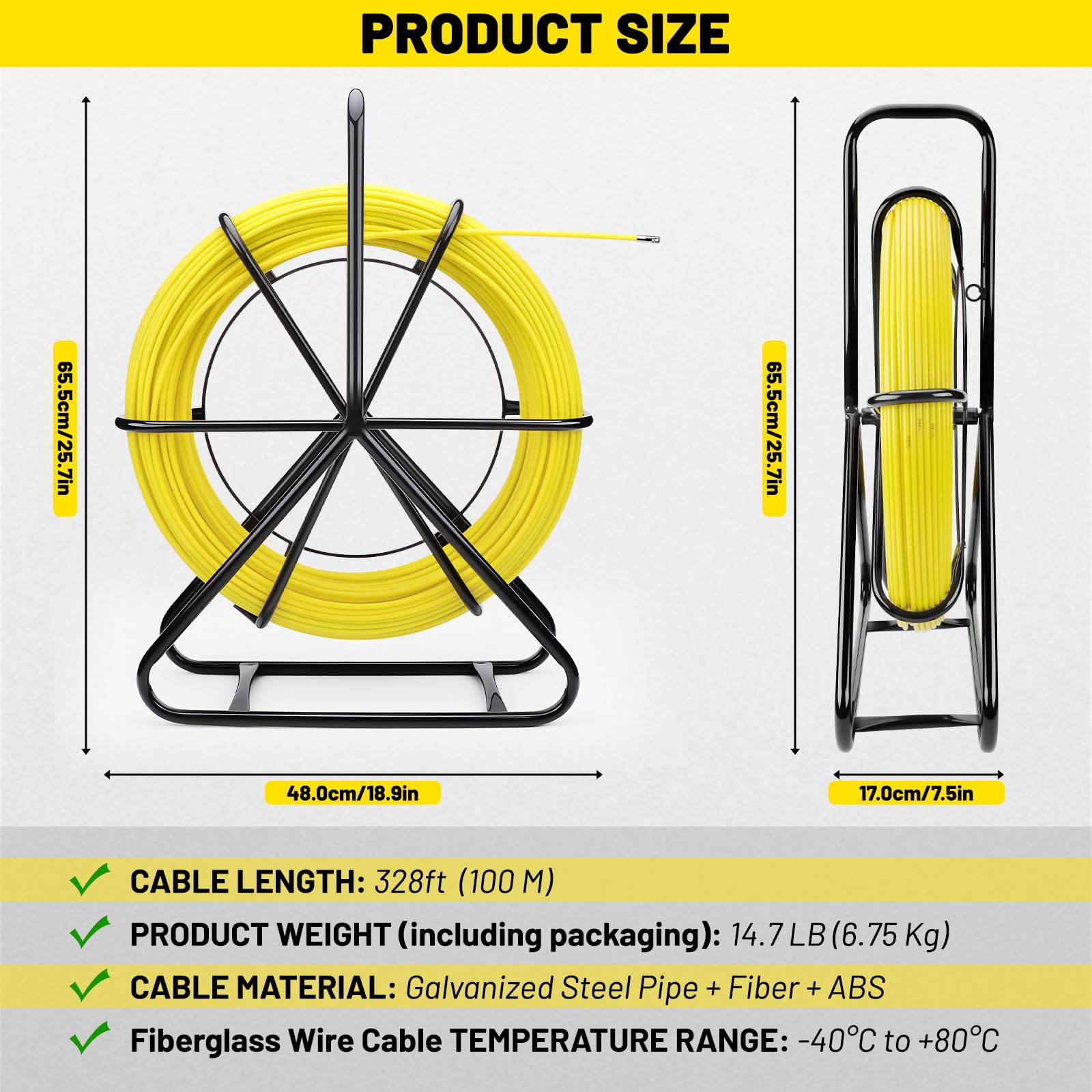 KAOLALI Tige en fibre de verre, bande de poisson, câble en fibre de verre, fil de traction, fil pointu, câble de traction, avec support en acier, enfile-câble